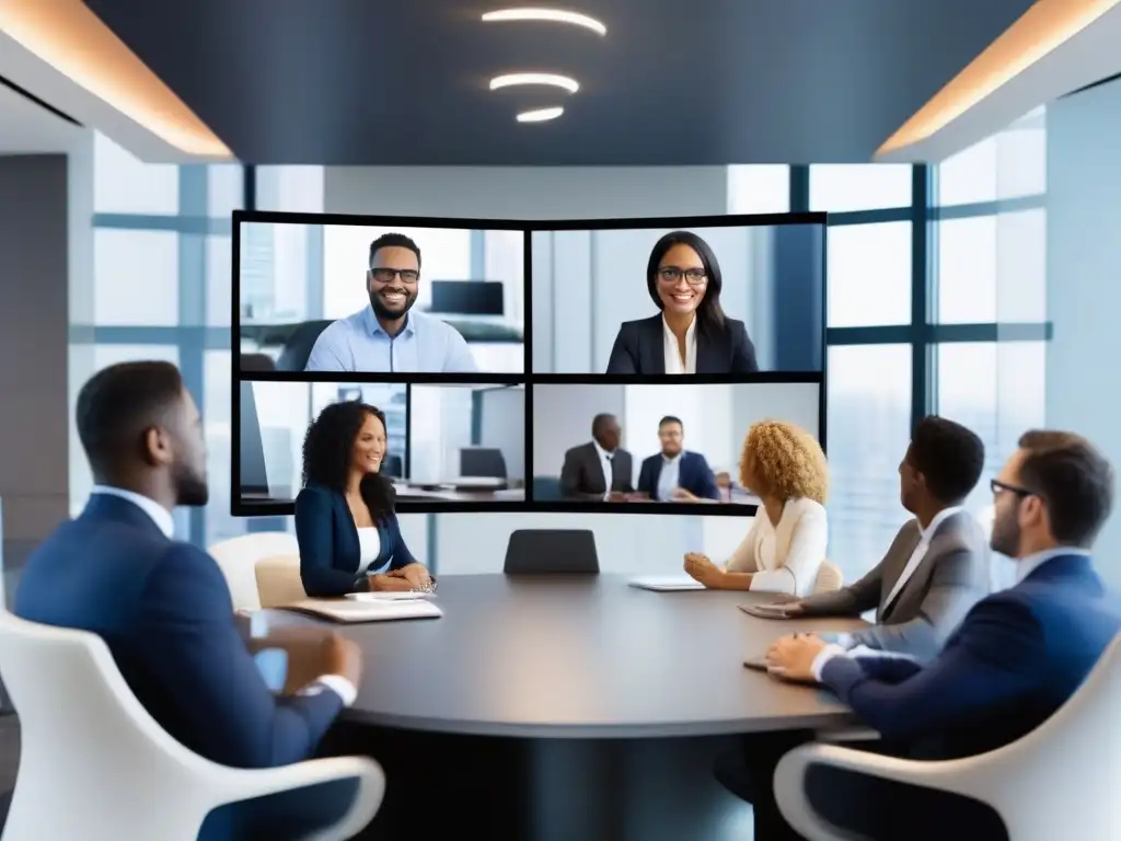 Reunión virtual de profesionales: eficiencia y colaboración Profesionales colaborando en una videoconferencia, tecnología moderna y cultura corporativa se fusionan en un ambiente productivo y eficiente