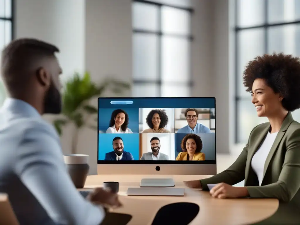 Profesionales remotos colaboran en videoconferencia Profesionales en videoconferencia para el teletrabajo, colaborando desde sus hogares con ambiente profesional y acogedor