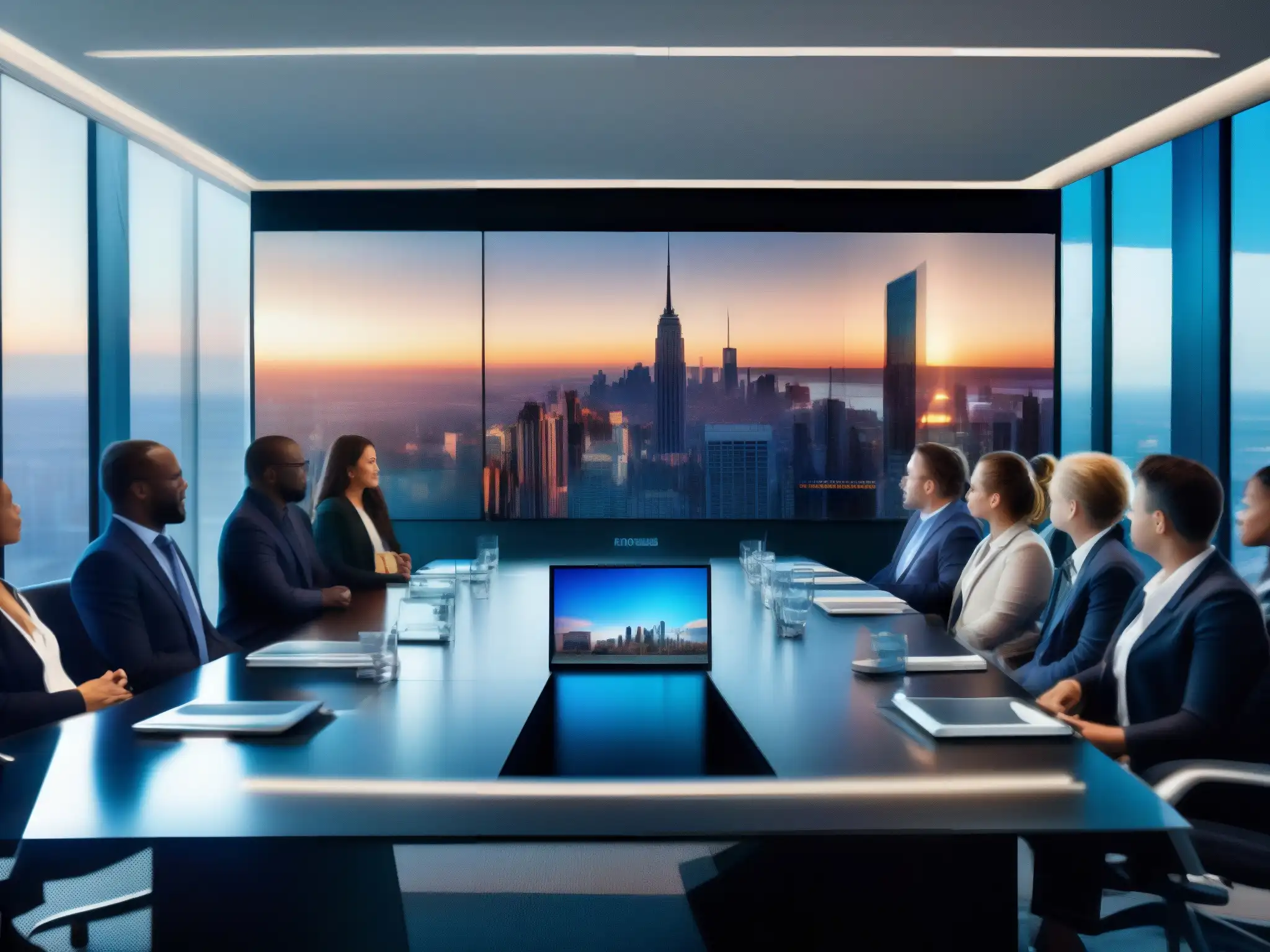 Videoconferencia de alta definición en sala futurista Profesionales en videoconferencia de tendencias tecnológicas en moderno y elegante salón con vista panorámica de la ciudad