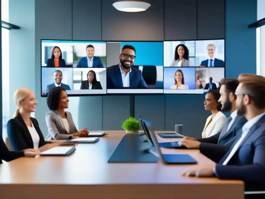 Profesionales en conferencia virtual: colaboración moderna Profesionales en videoconferencia con tendencias tecnológicas en un entorno profesional moderno y colaborativo