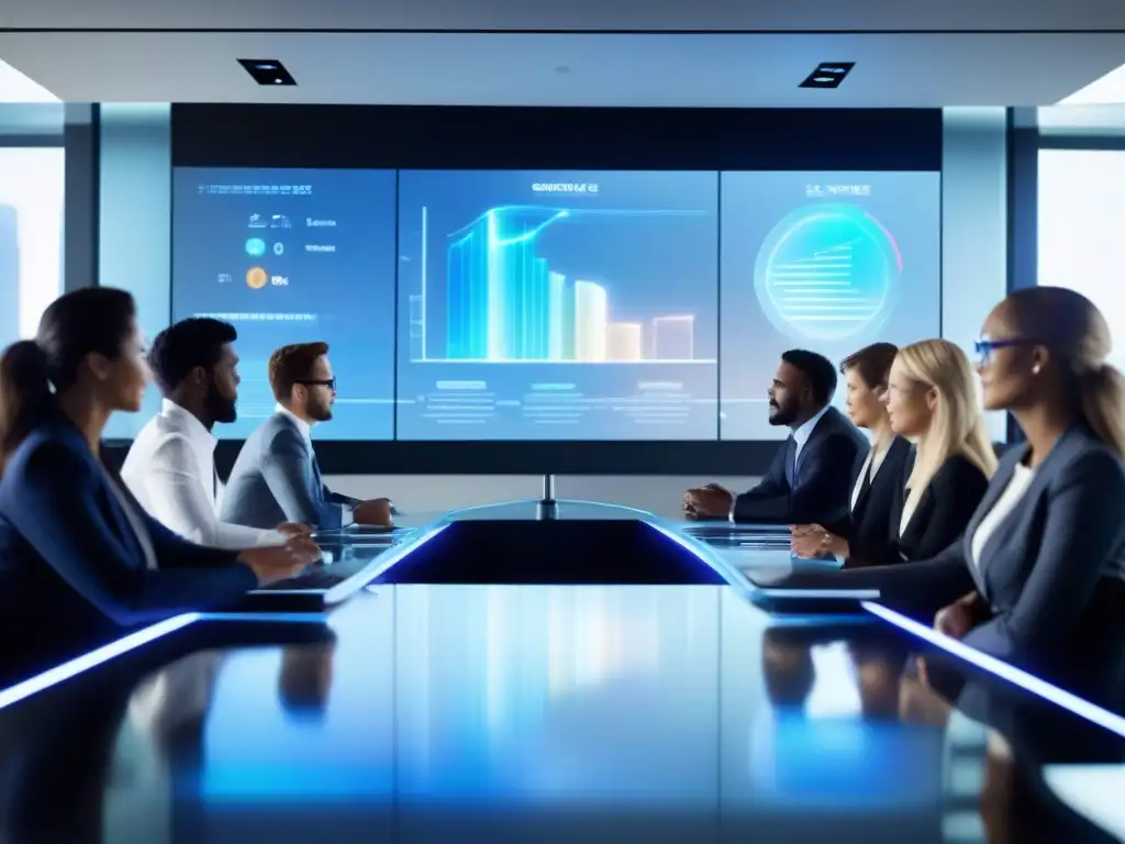 Conferencia holográfica: Innovación en sala de juntas Profesionales en videoconferencia con tendencias tecnológicas en una sala luminosa y sofisticada