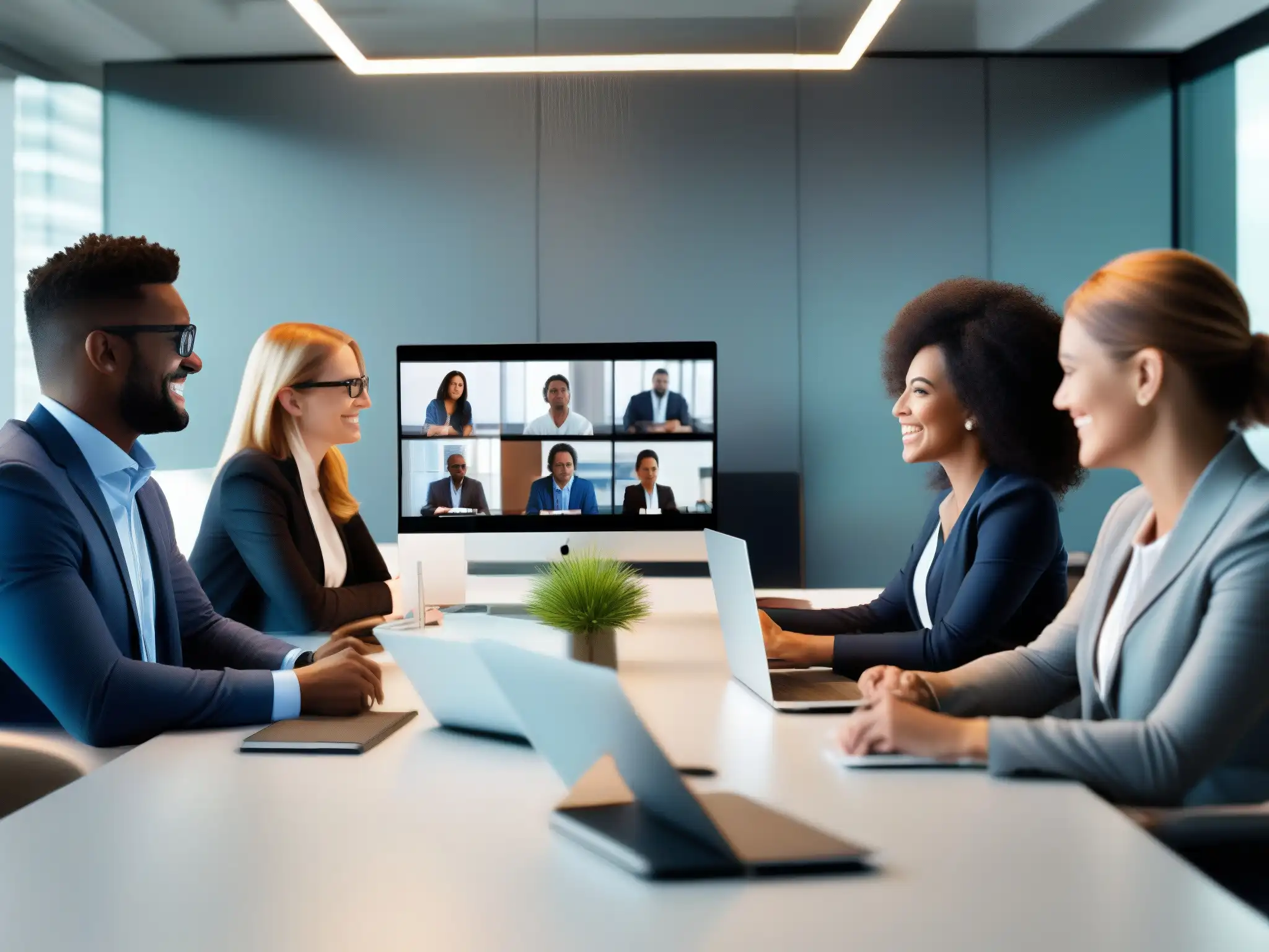 Videoconferencia profesional con RingCentral Meetings en oficina moderna Profesionales en videoconferencia, colaboración en tiempo real RingCentral en moderna oficina con luz natural