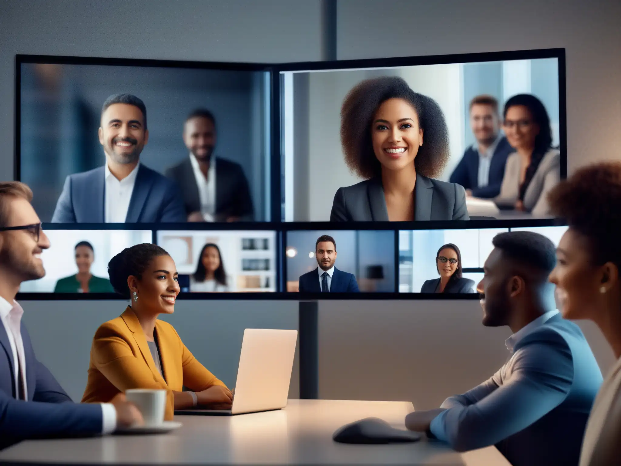 Equipo profesional en videoconferencia: enfoque y colaboración Profesionales colaborando en videoconferencia, expresando determinación y trabajo en equipo