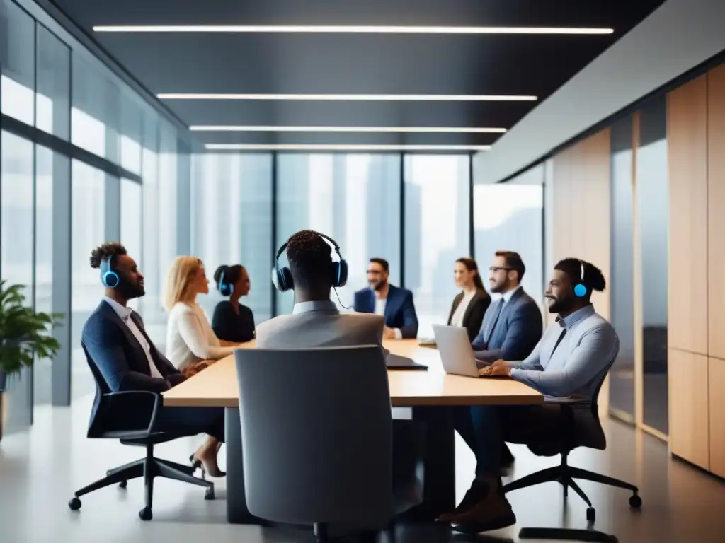 Profesionales diversificados en reunión videoconferencia Profesionales en videoconferencia con traducción simultánea, colaboración y tecnología en moderna oficina