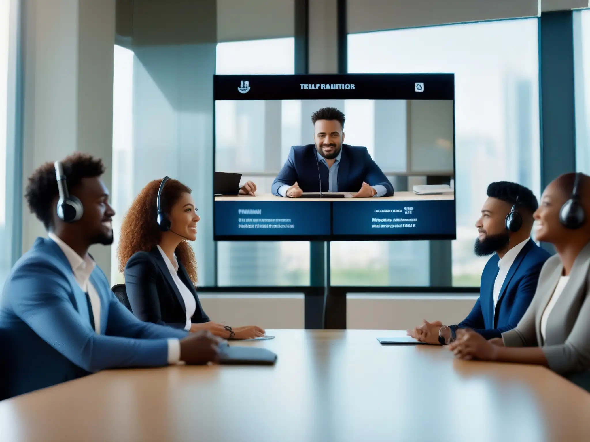 Profesionales participan en una videoconferencia con traducción en tiempo real, rompiendo barreras lingüísticas