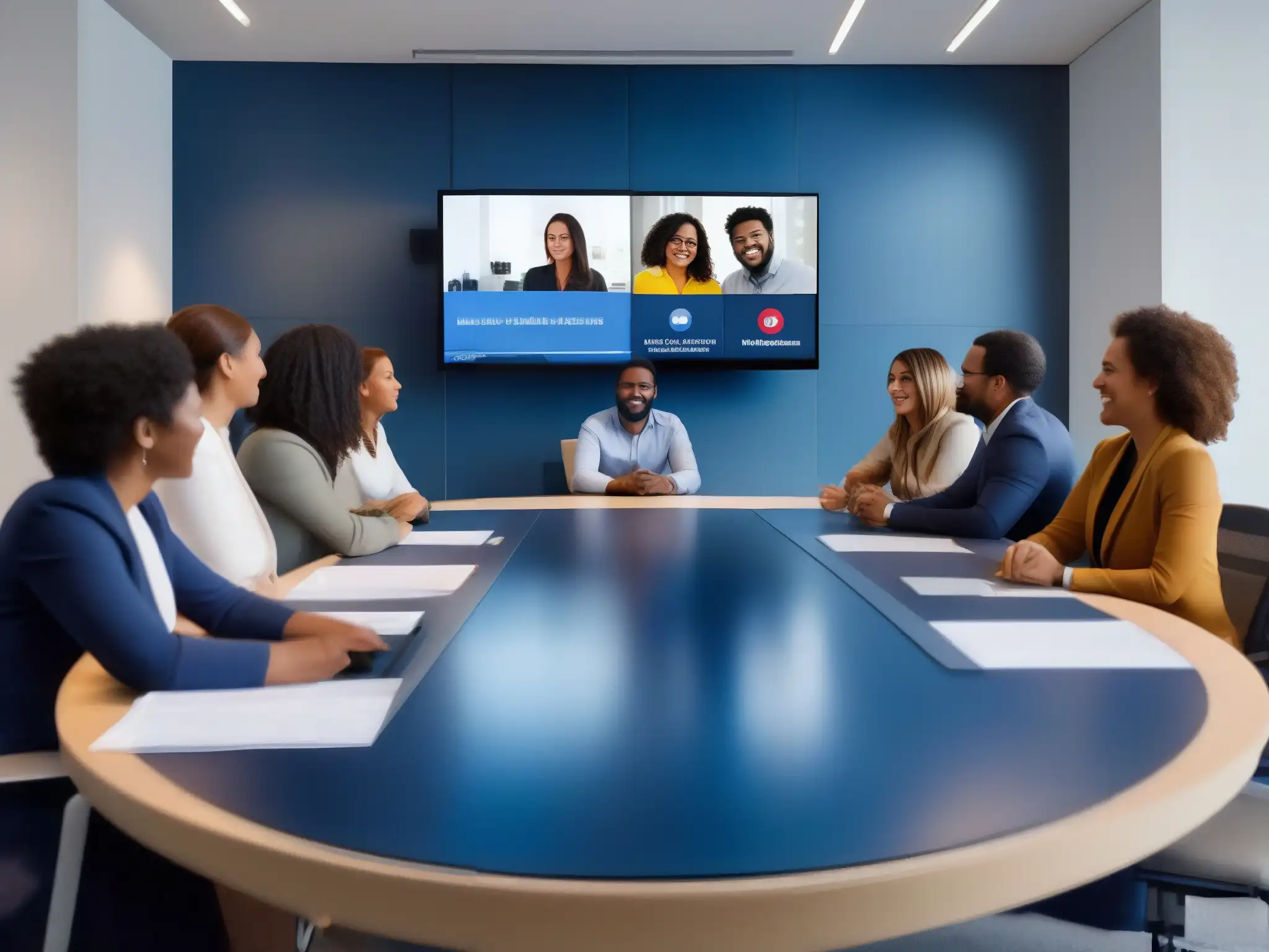 Conferencia virtual productiva con BlueJeans: diversidad en acción Profesionales diversos participan en una videoconferencia a través de la interfaz moderna de BlueJeans