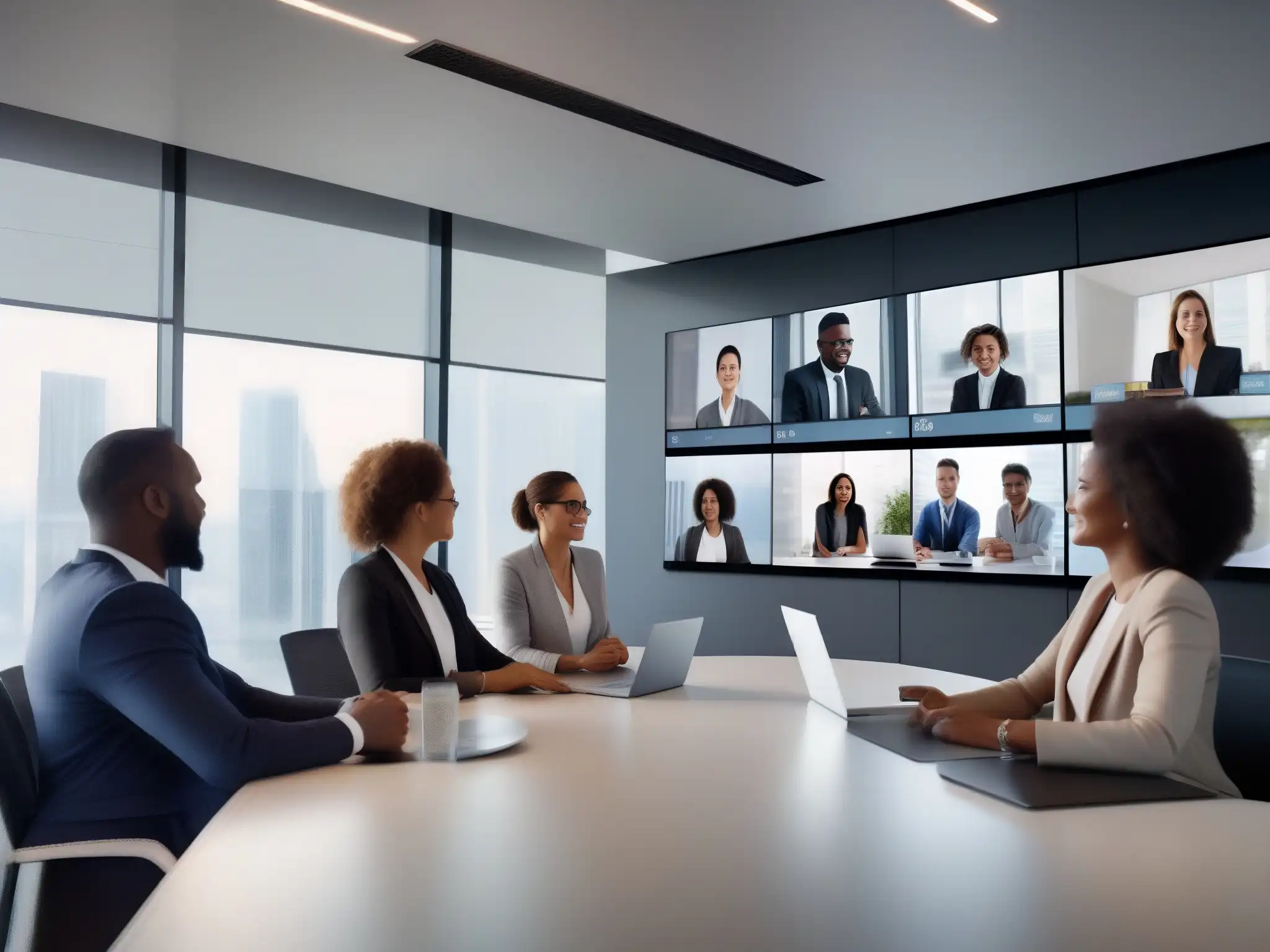 Profesionales colaborando en videoconferencia con dispositivos móviles Profesionales colaborando en videoconferencia, mostrando la usabilidad de sistemas operativos