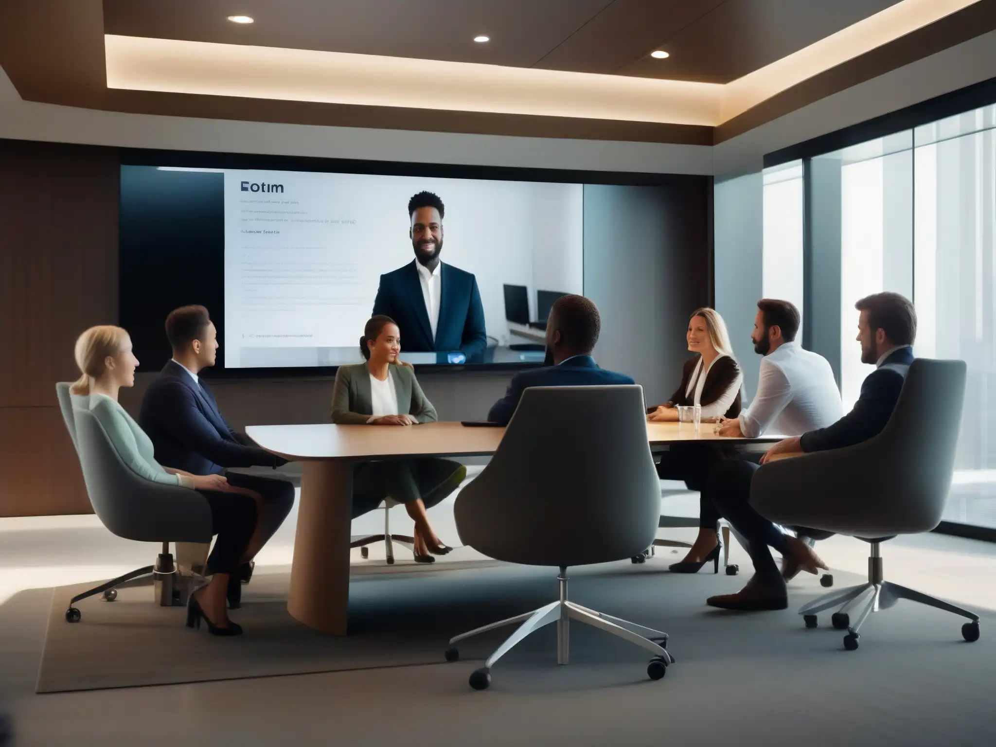 Videoconferencia profesional en sala moderna Profesionales en videoconferencia, mostrando la usabilidad de sistemas operativos macOS en un entorno moderno y profesional
