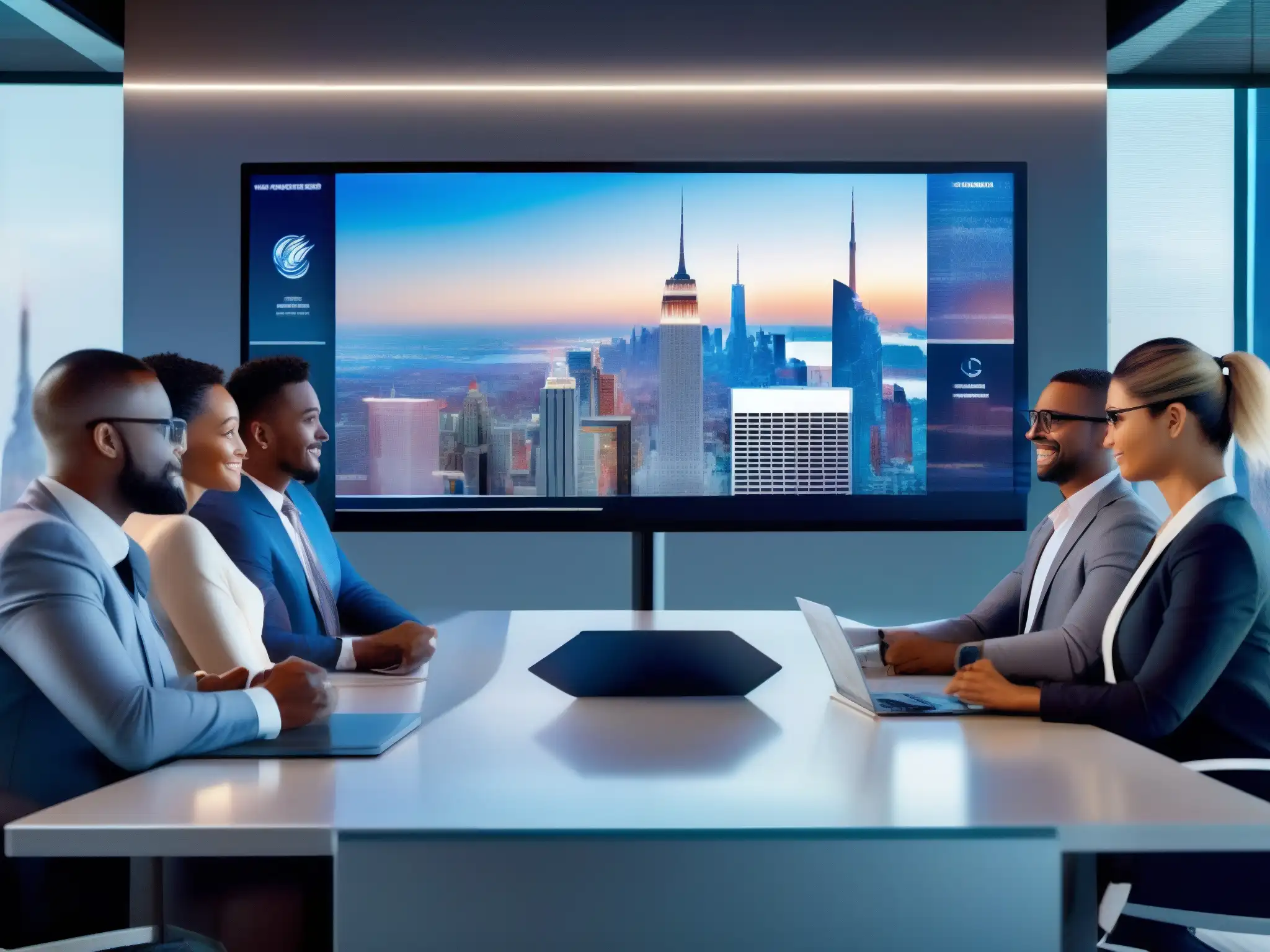 Reunión de profesionales diversos en videoconferencia futurista Profesionales en videoconferencia con API para videoconferencias profesionales, en una ciudad futurista y dinámica