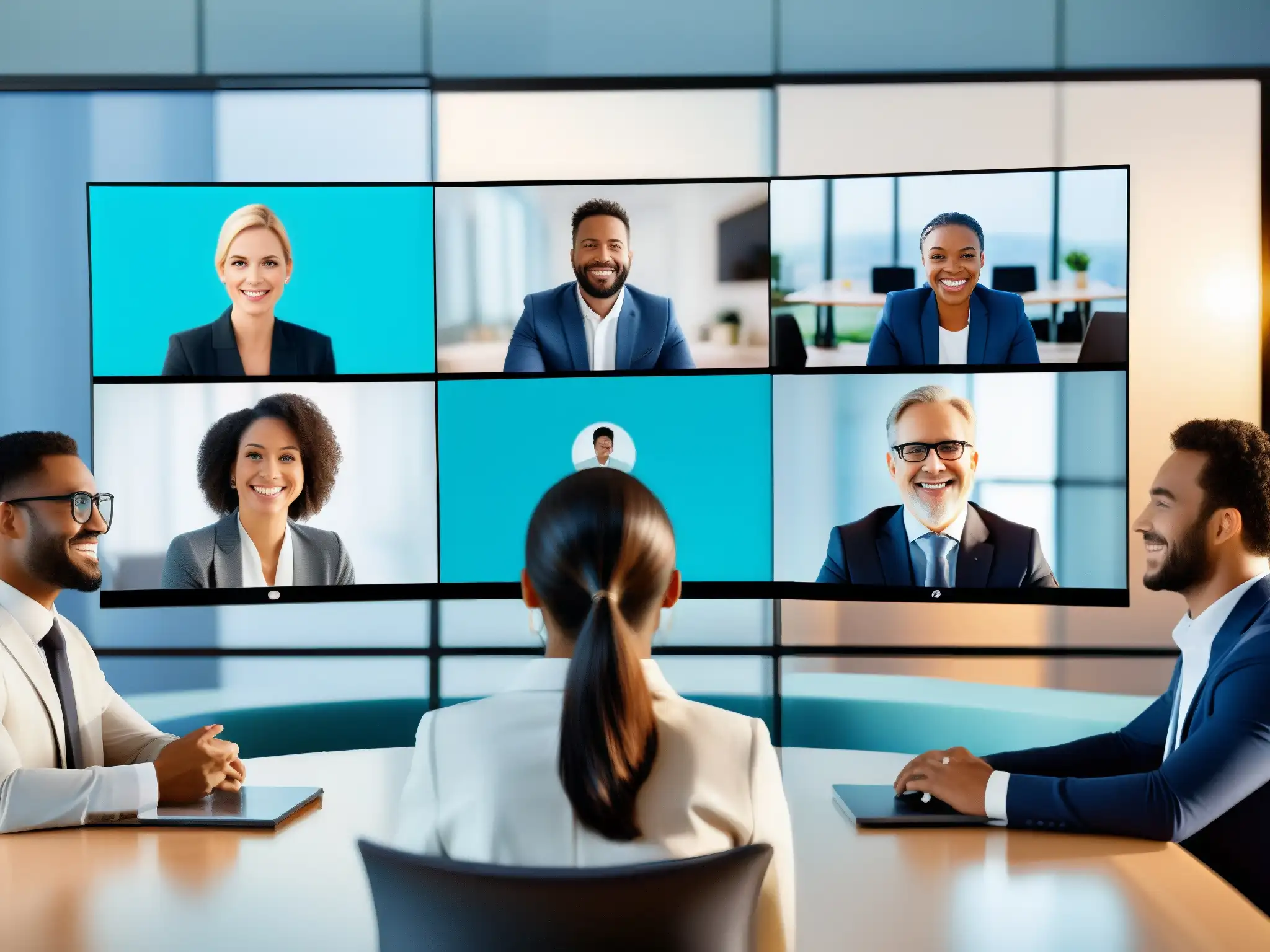 Videoconferencia profesional: colaboración diversa en alta definición Profesionales en videoconferencia virtual, ambiente moderno y profesional