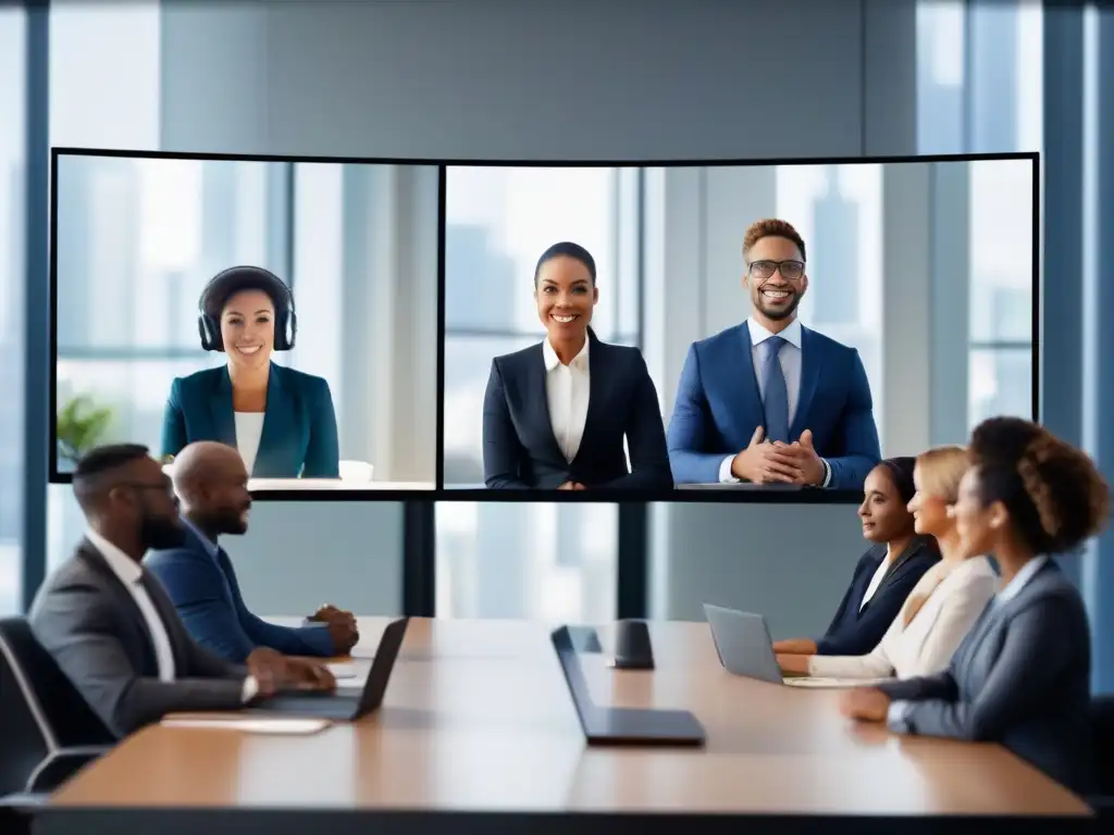 Reunión virtual de profesionales: modernidad y conexión Profesionales en videoconferencia virtual, conectados en salas de videoconferencia virtuales PYMES con ambiente moderno y tecnológico