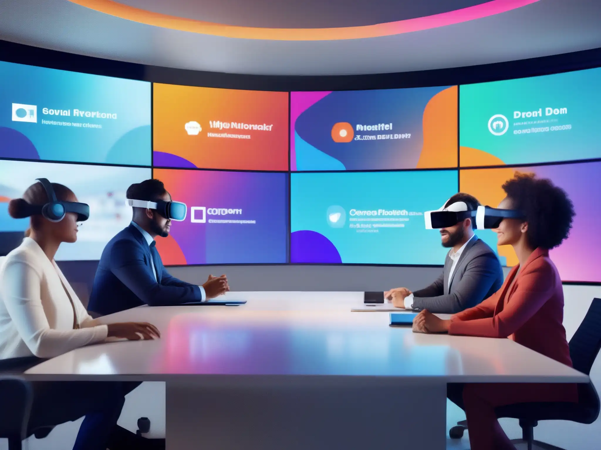 Conferencia virtual futurista: profesionales colaborando en alta definición Profesionales colaborando en una videoconferencia virtual con elementos de realidad virtual