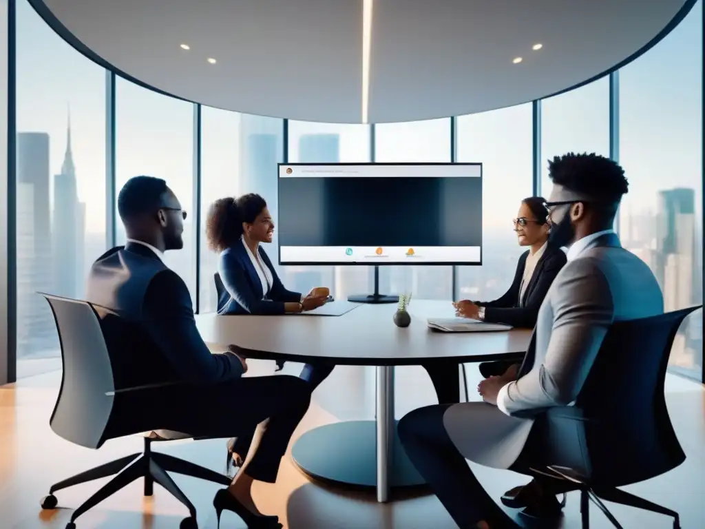 Profesionales en videoconferencia: tecnología y sofisticación Profesionales participando en una videoconferencia virtual en un entorno corporativo moderno con tecnología elegante
