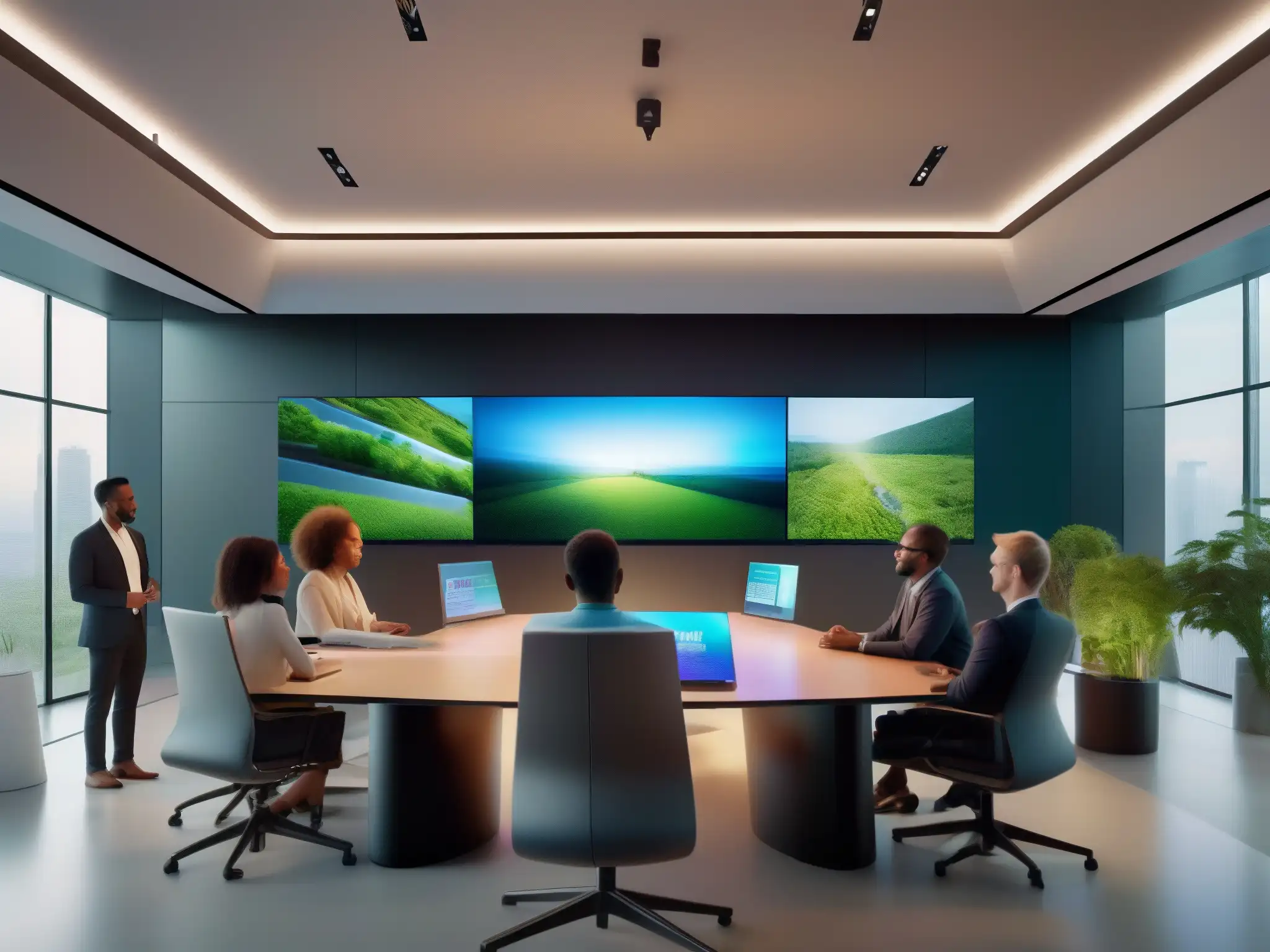 Conferencia virtual ecofriendly: profesionales comprometidos Profesionales participando en una videoconferencia virtual, rodeados de tecnología sostenible y futurista, en una sala minimalista y ecológica