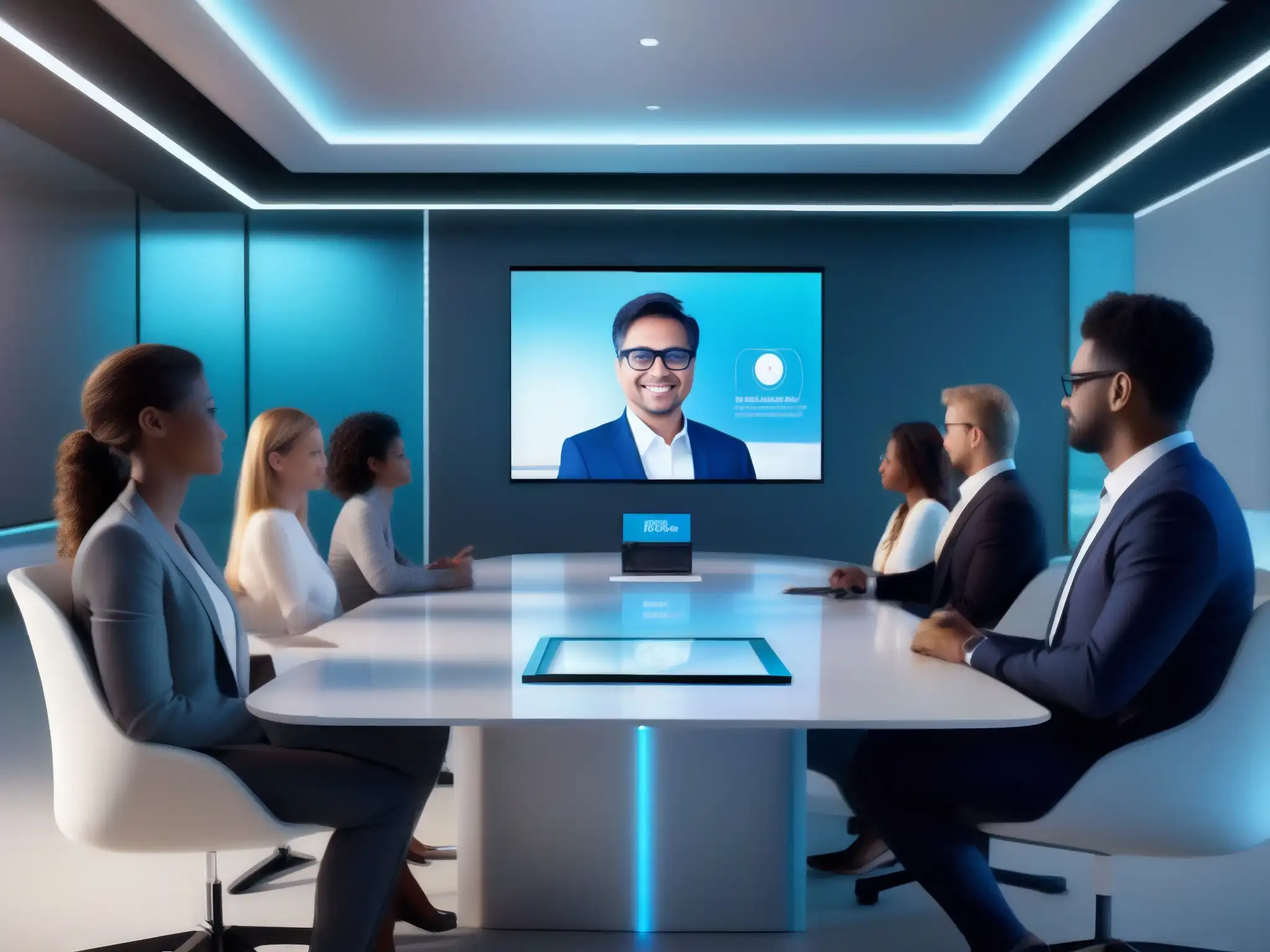Sala de reuniones virtuales futurista con IA y hologramas Profesionales en videoconferencia virtual con IA y tecnología futurista