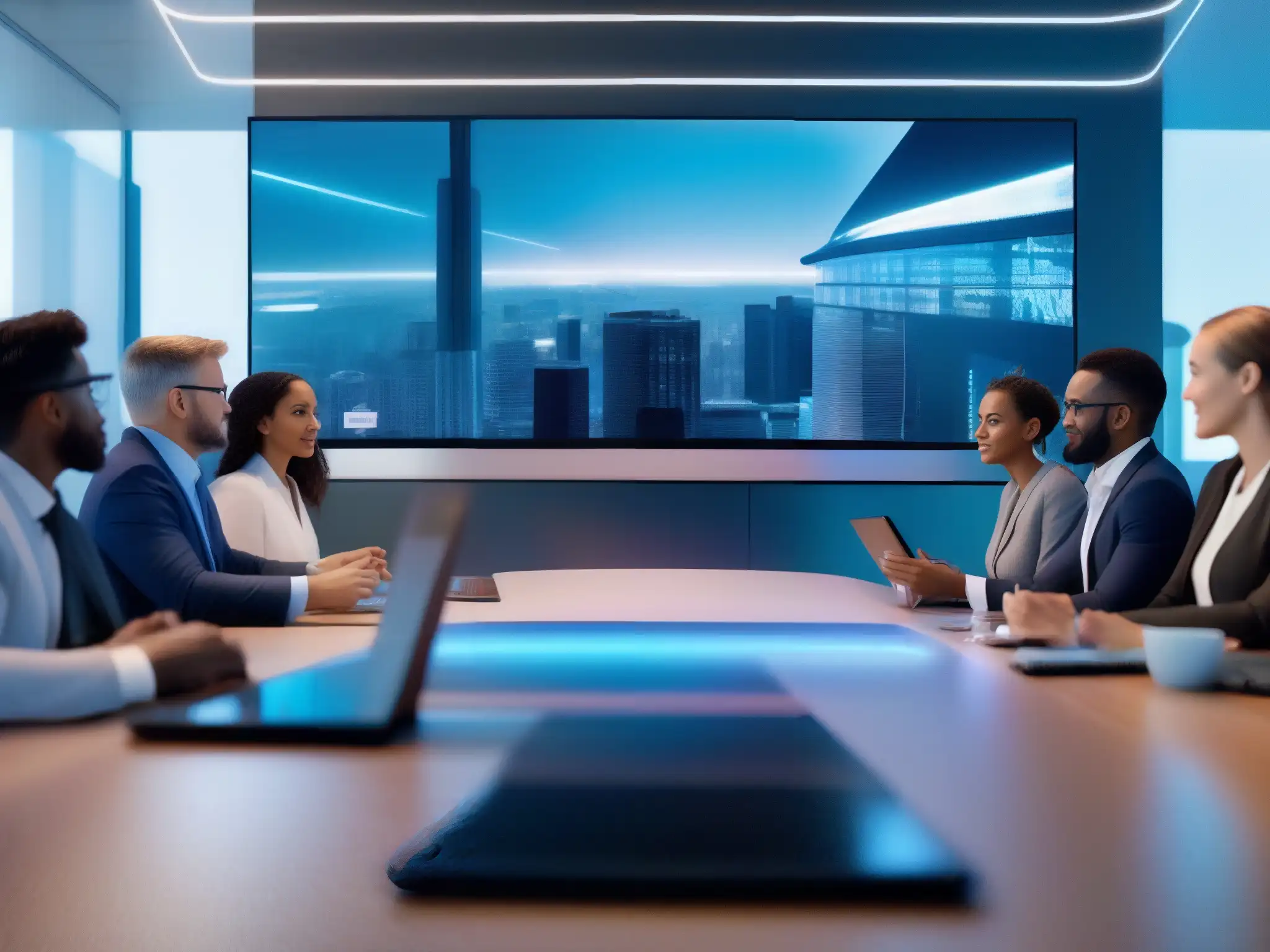 Videoconferencia corporativa futurista de alta tecnología Profesionales en videoconferencias interplataforma, ambiente moderno y colaboración fluida