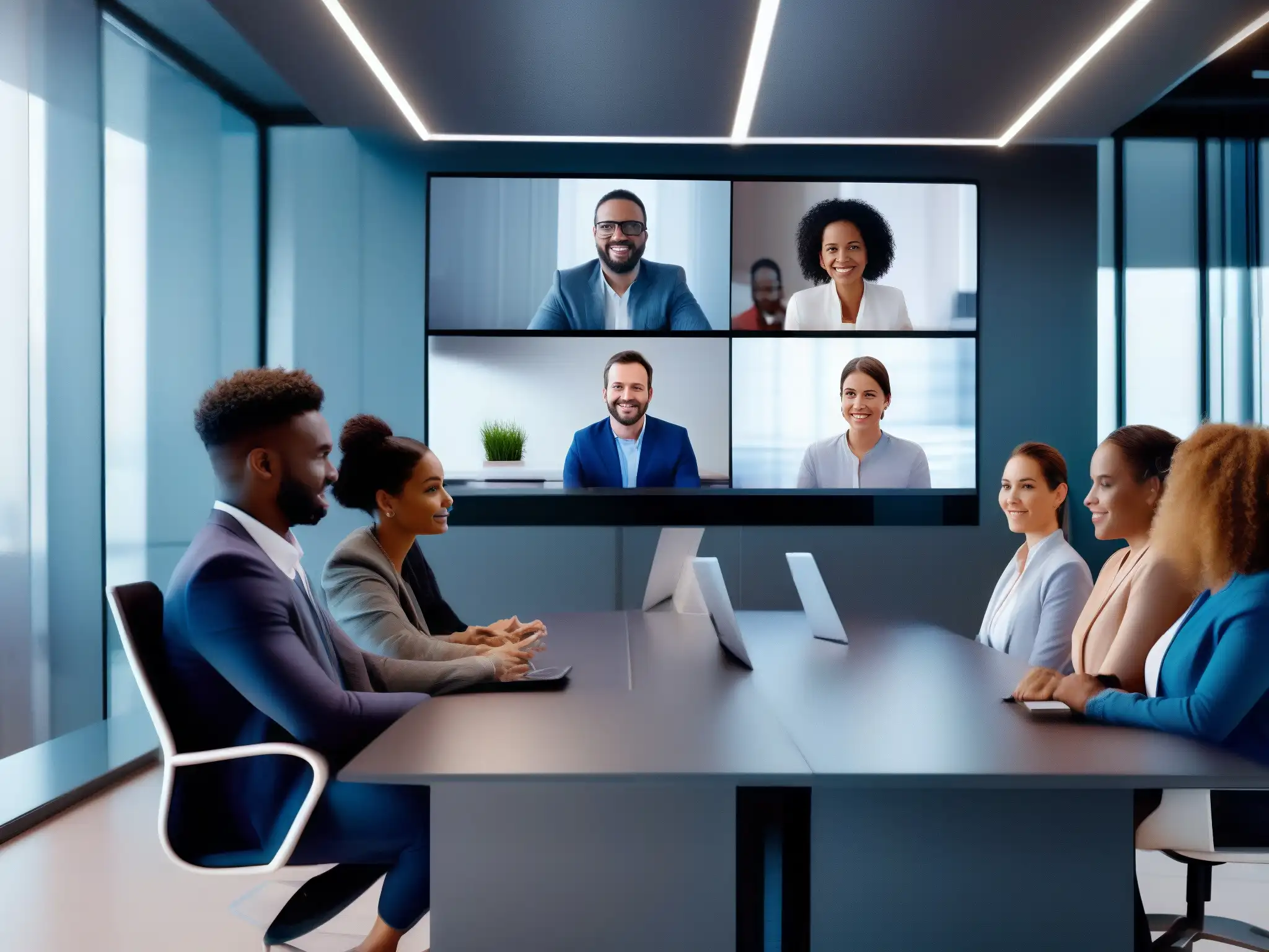 Profesionales diversos en videoconferencia: conexión y colaboración en 8K Profesionales interactúan con satisfacción en videoconferencias 8K, mostrando conexión y colaboración en un entorno moderno y profesional