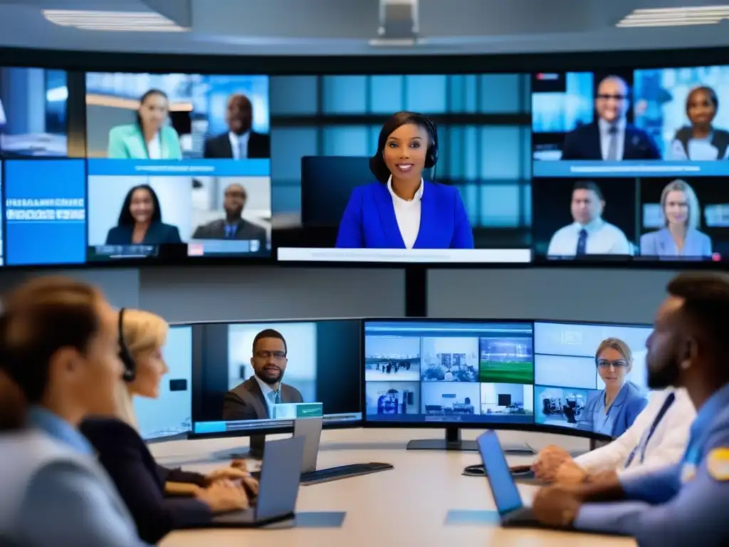 Profesionales en videoconferencia en centro de crisis Profesionales colaboran en videoconferencias para gestión de crisis en centro de emergencias tecnológico y moderno