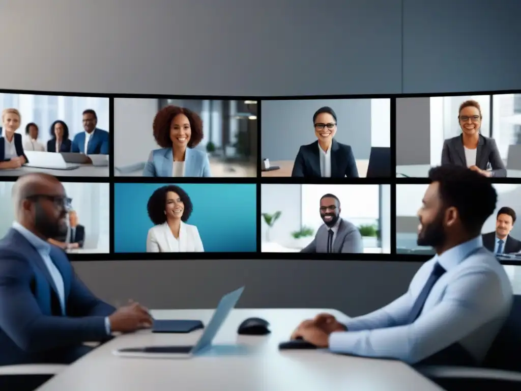 Profesionales colaborando en videoconferencia 8k Profesionales colaborando en videoconferencias para desarrollo profesional en un entorno moderno y productivo