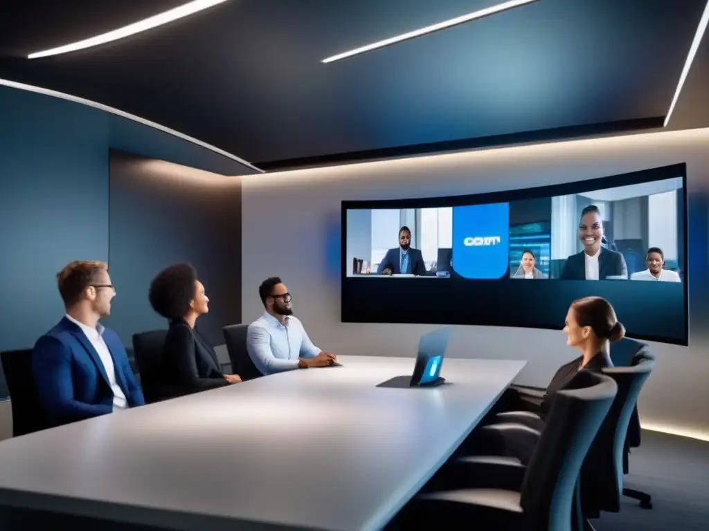 Sala de videoconferencias futurista y profesional 'Profesionales gestionando videoconferencias en un entorno futurista y elegante, clave en la gestión de eventos virtuales'