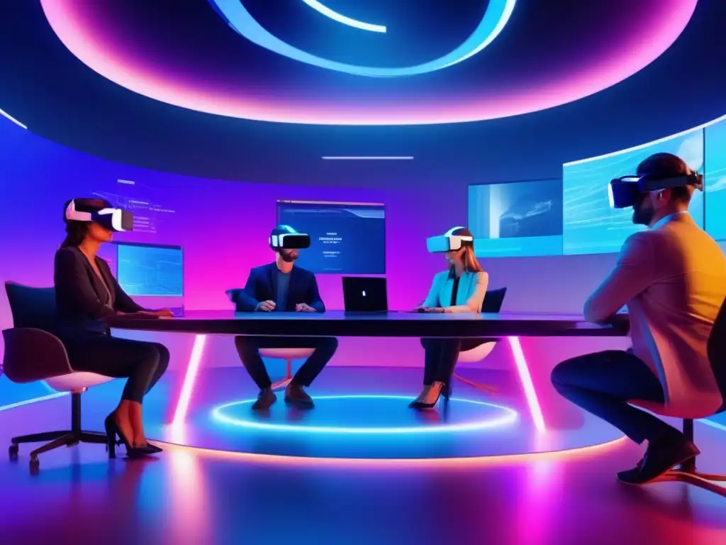 Reunión virtual futurista: Colaboración y tecnología innovadora Profesionales en videoconferencias en entornos de realidad virtual, colaboración e innovación en un entorno digital futurista y vibrante