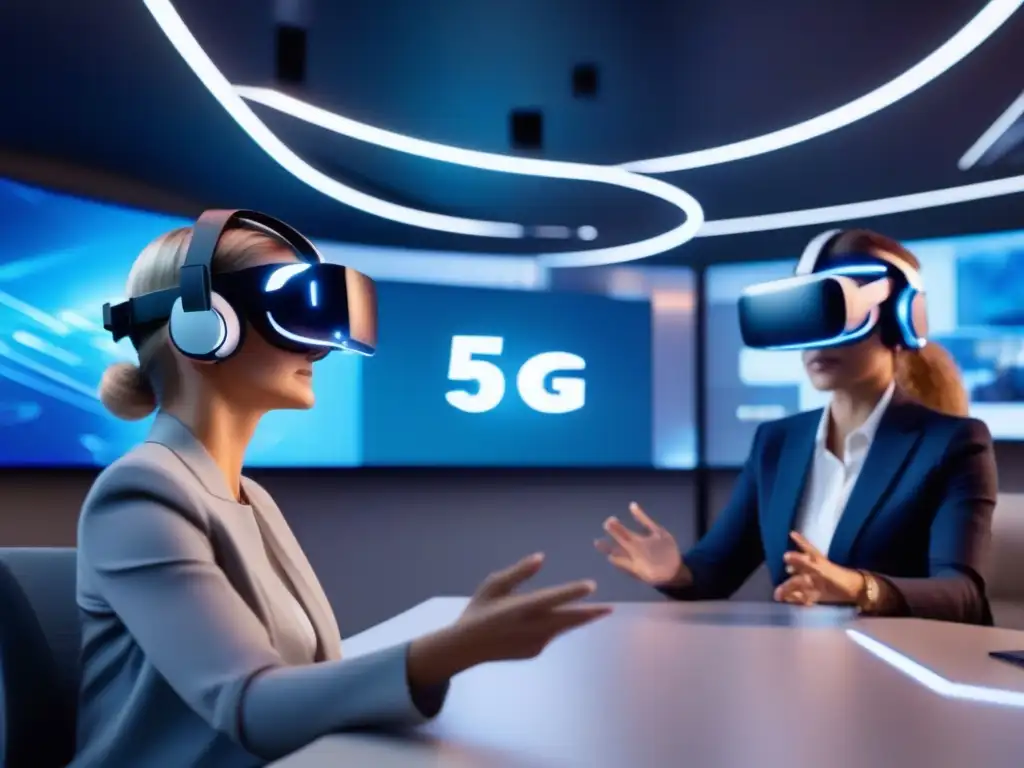Conferencia virtual 5G: Profesionales inmersos en realidad virtual Profesionales en videoconferencias en entornos de realidad virtual, inmersos en un ambiente futurista de alta tecnología