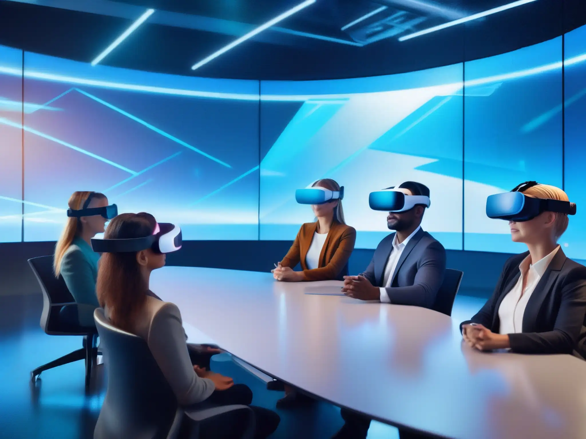 Reunión virtual en sala futurista: profesionales en realidad virtual Profesionales en videoconferencias en entornos de realidad virtual, inmersos en una sala futurista con hologramas y pantallas virtuales