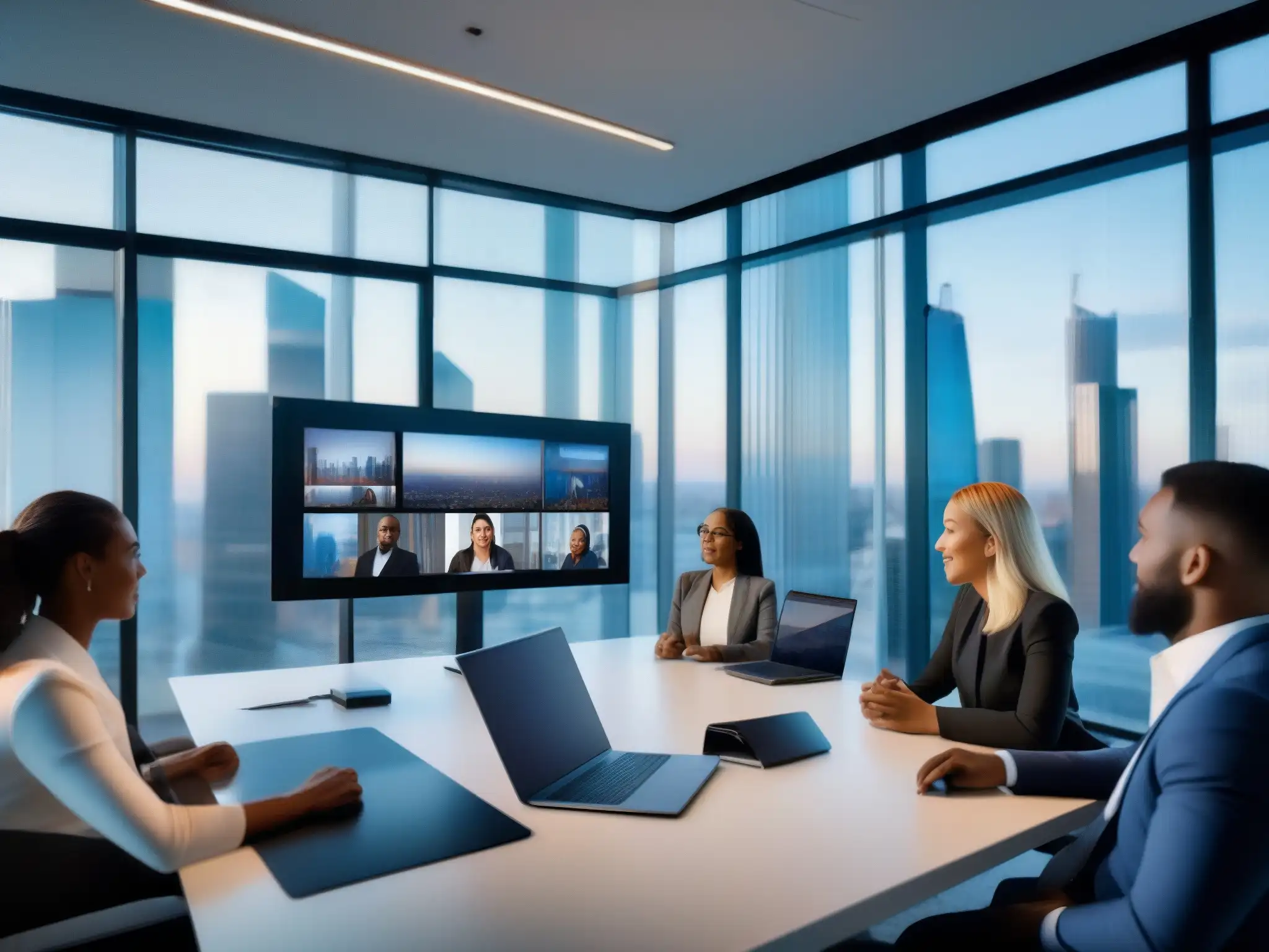 Equipo diverso en videoconferencia 8k Profesionales gestionando videoconferencias en equipo en un entorno moderno y colaborativo