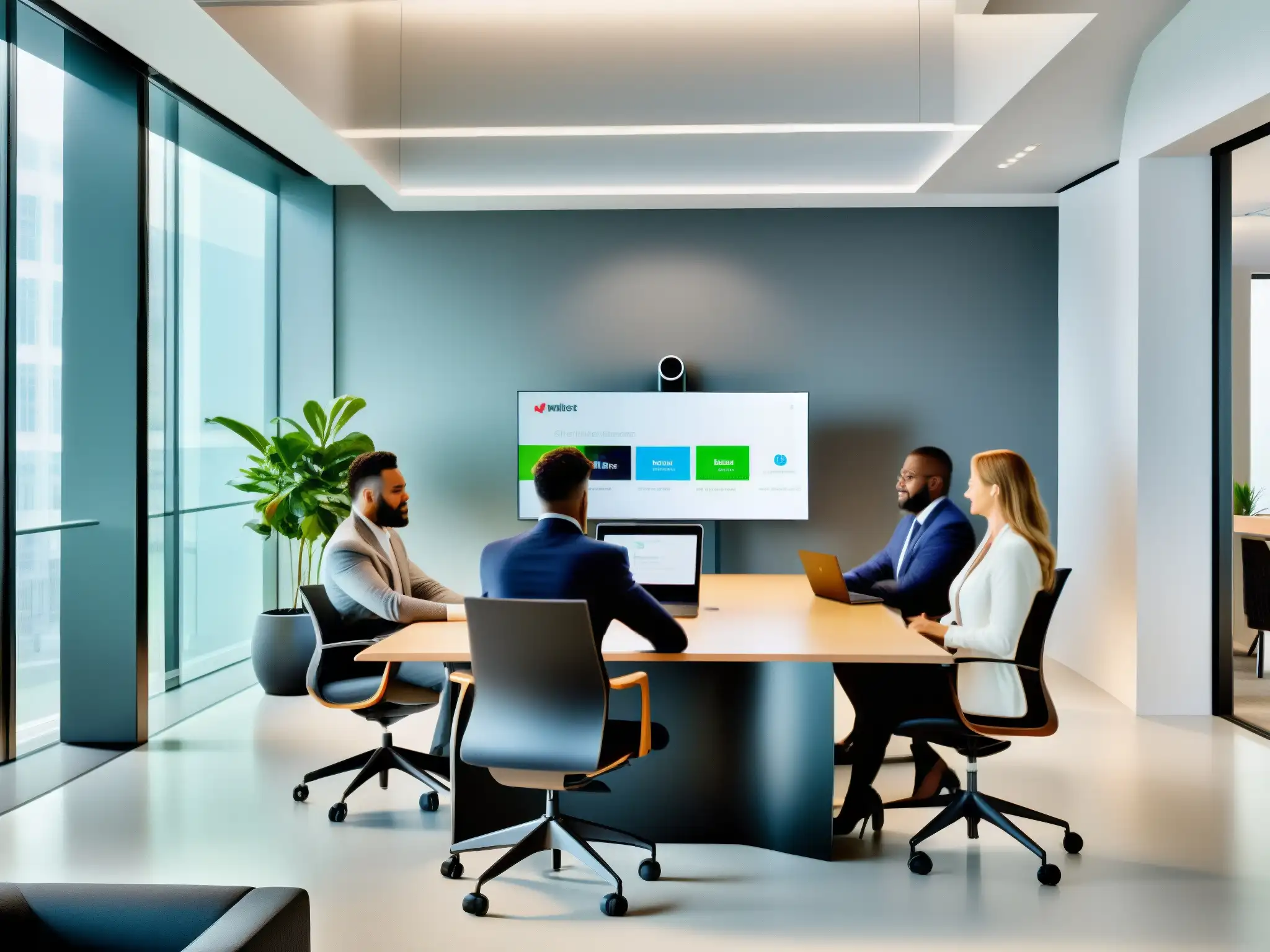 Profesionales colaborando en videoconferencia con AnyDesk Profesionales colaboran en videoconferencias con AnyDesk en un espacio moderno y eficiente
