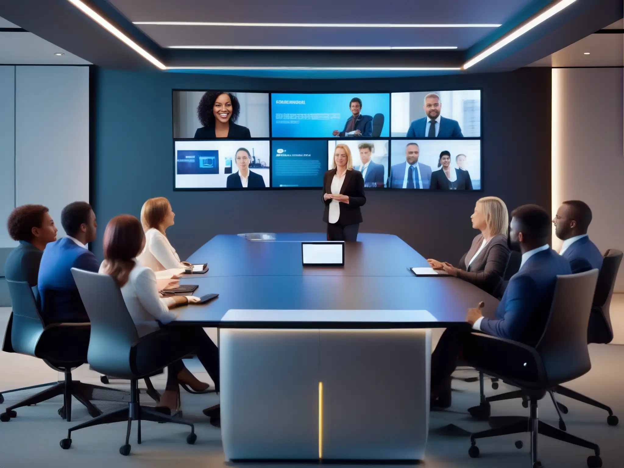 Videoconferencia profesional: diversidad e innovación Profesionales participando en videoconferencias interplataforma, en espacios modernos y tecnológicos, con una atmósfera profesional y colaborativa