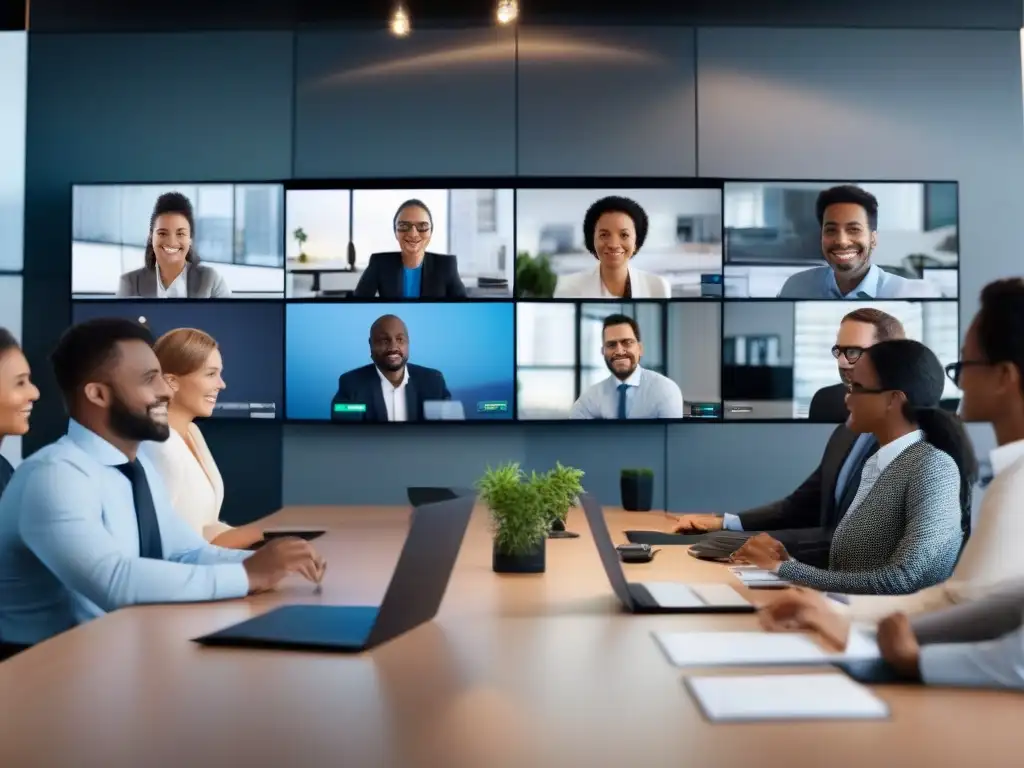 Oficina moderna: reuniones virtuales profesionales Profesionales en videoconferencias, ley ciberseguridad en oficina moderna