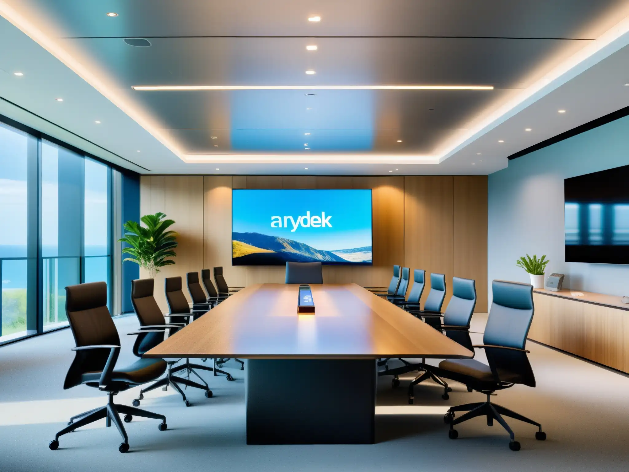 Videoconferencia productiva con AnyDesk en sala moderna Profesionales en videoconferencias con AnyDesk en un moderno y luminoso salón de reuniones