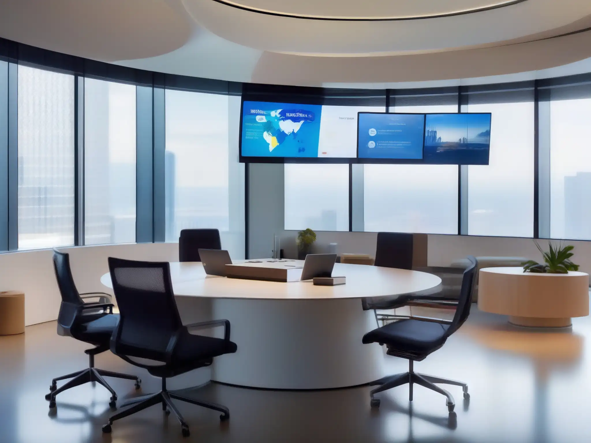 Oficina global innovadora: videoconferencia sin fronteras Profesionales coordinando videoconferencias en múltiples husos horarios en un moderno espacio de oficina, con luz natural y tecnología avanzada