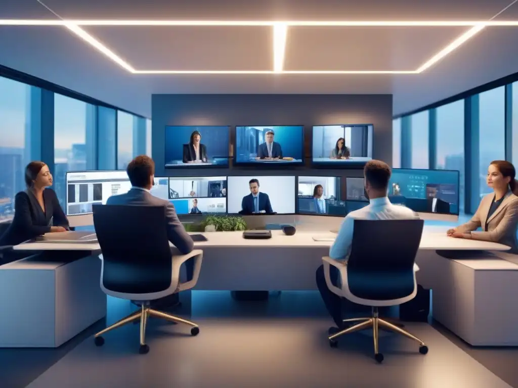 Oficina moderna: multitarea en videoconferencias 'Profesionales en videoconferencias multitasking, mostrando productividad en un entorno de oficina moderno y tecnológico