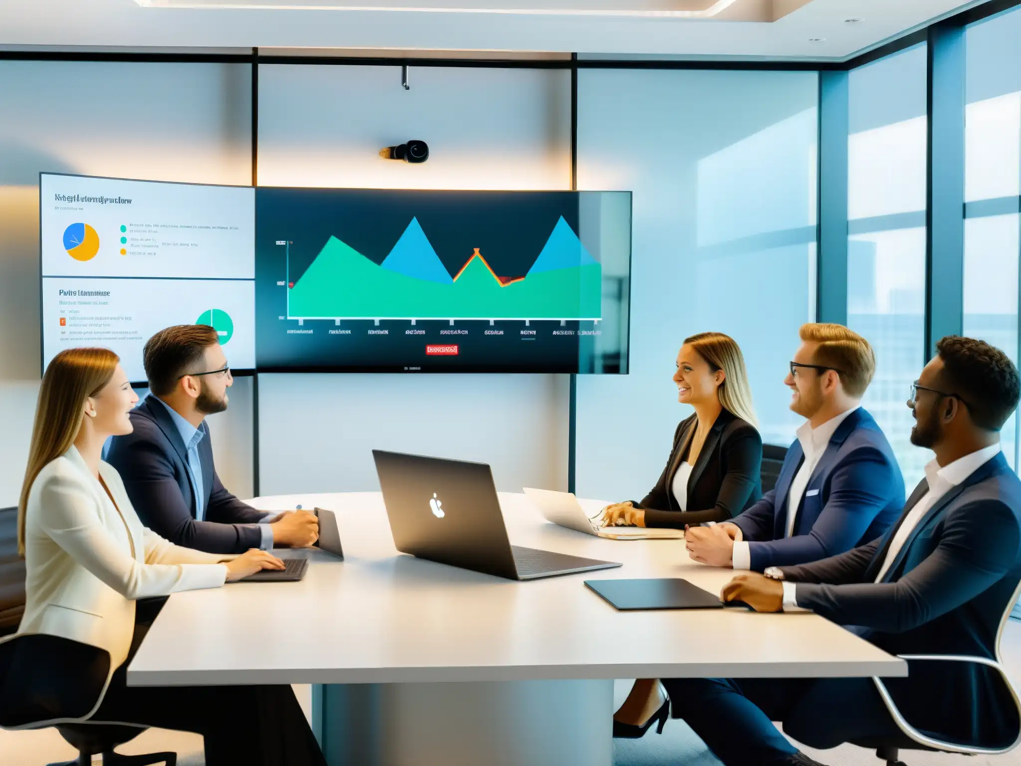 Profesionales reunidos en una oficina moderna con AnyDesk Profesionales en videoconferencias con AnyDesk en oficina moderna