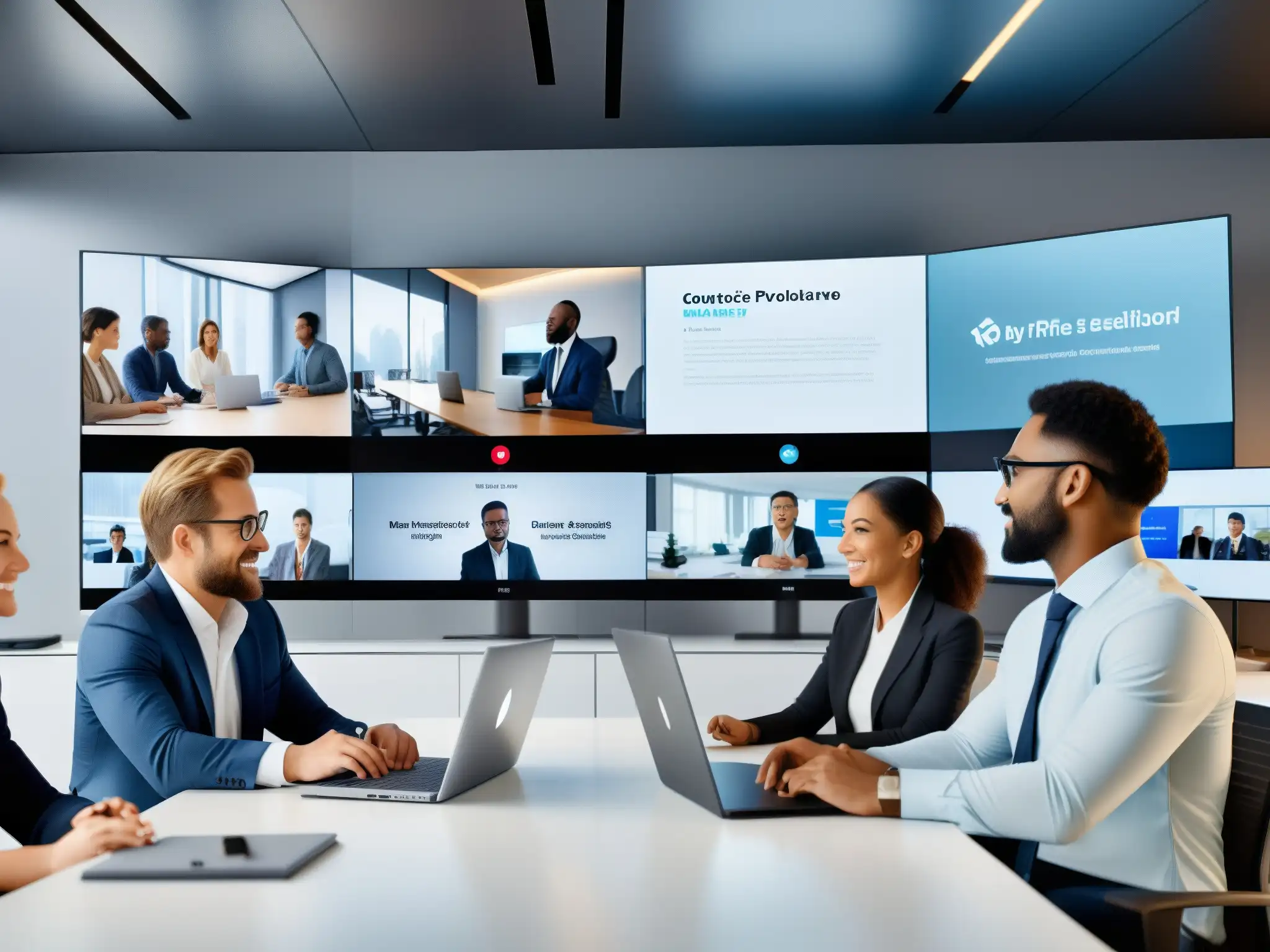 Oficina ultramoderna: equipo diverso en videoconferencia con AnyDesk Profesionales colaborando en videoconferencias con AnyDesk en una oficina moderna y profesional, transmitiendo eficiencia e innovación