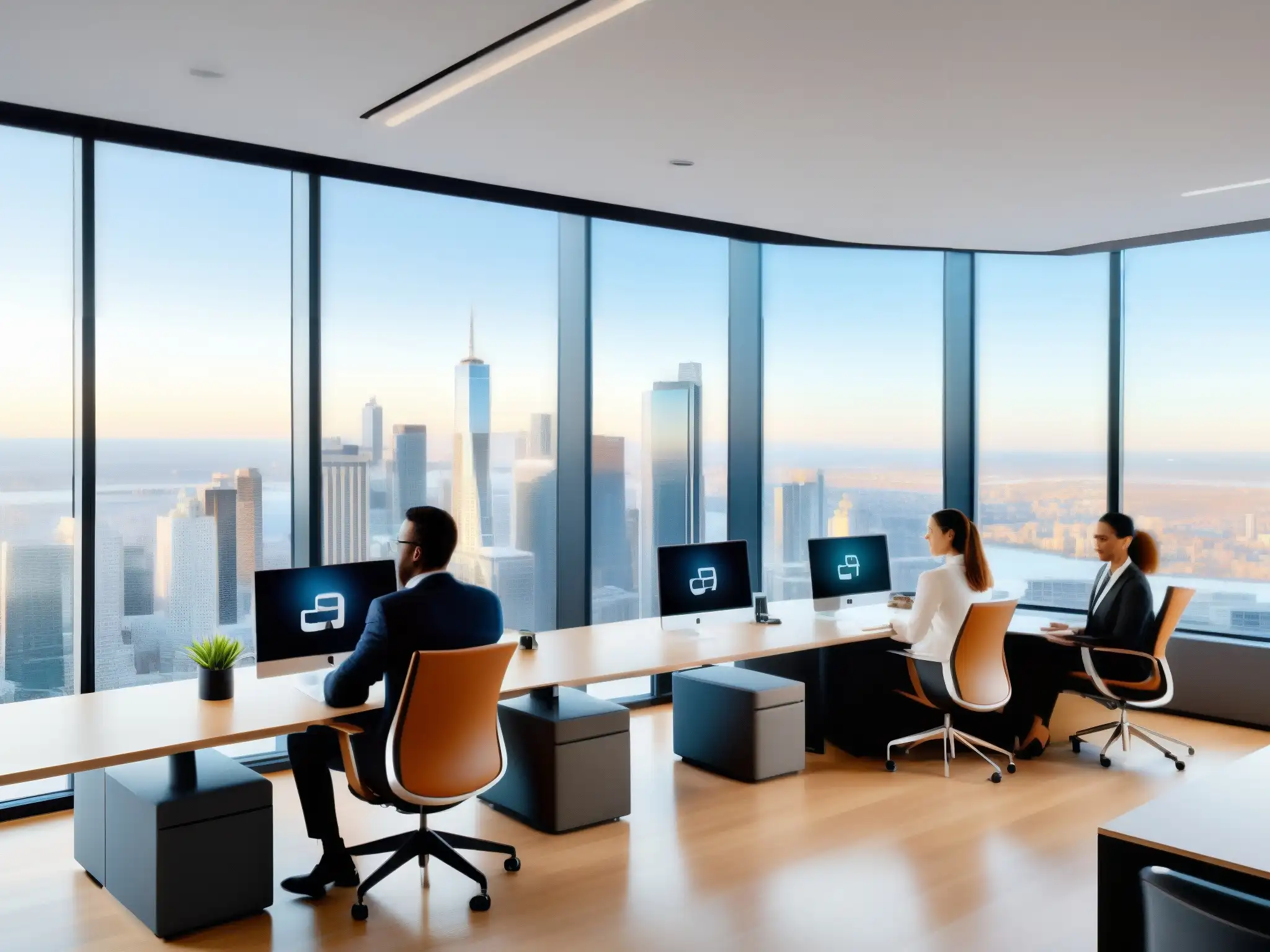 Oficina moderna y dinámica con videoconferencias Profesionales en videoconferencias, colaboración y productividad en un moderno espacio de trabajo con tendencias de videoconferencias y trabajo remoto
