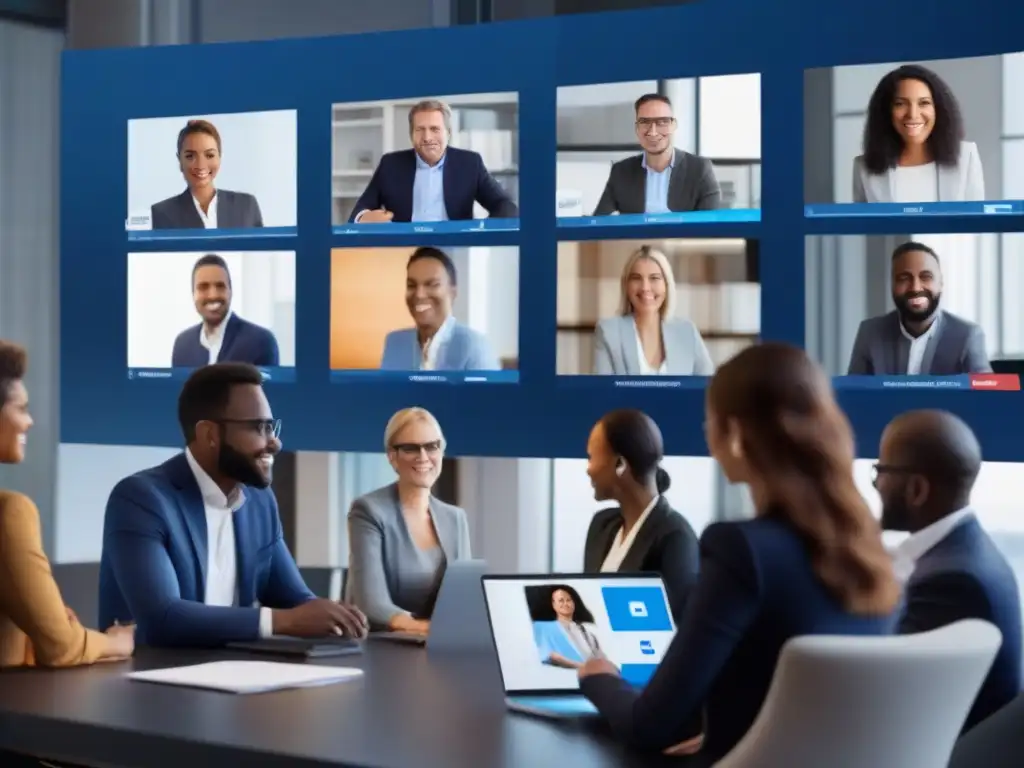 Reunión virtual profesional con BlueJeans y LinkedIn Profesionales en videoconferencias profesionales BlueJeans y LinkedIn, colaborando en un entorno virtual moderno y profesional