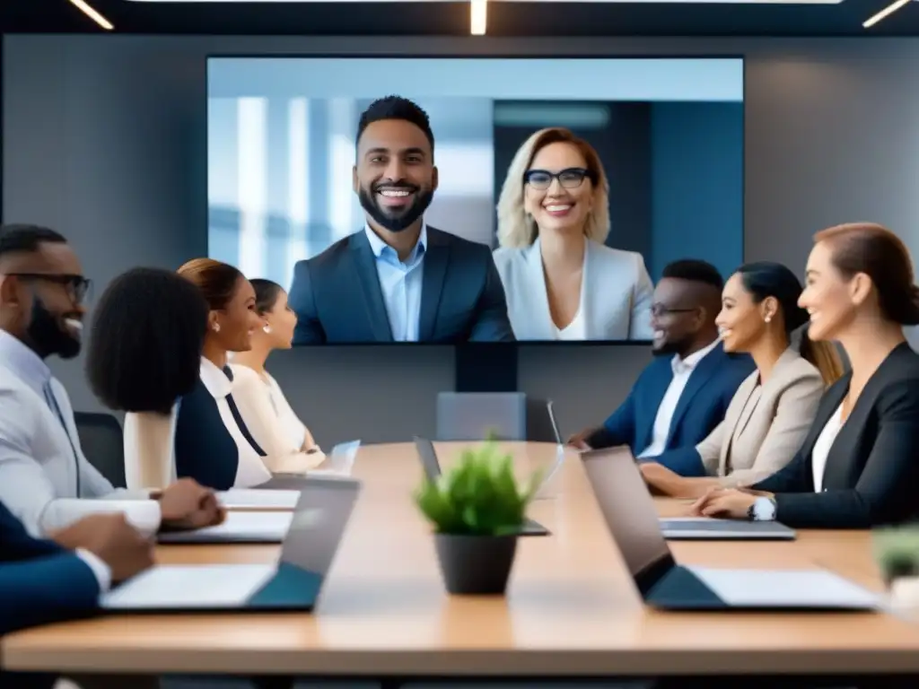 Profesionales en videoconferencia: ambiente inclusivo y moderno Profesionales implementando videoconferencias responsables en un entorno corporativo moderno y profesional