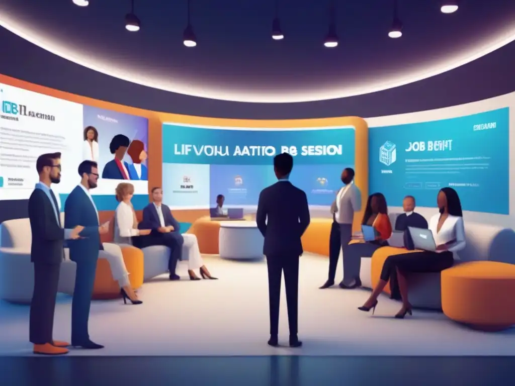 Virtual Job Fair: Profesionales en entrevistas y networking Profesionales diversos participan en videoentrevistas y networking en una feria de empleo virtual