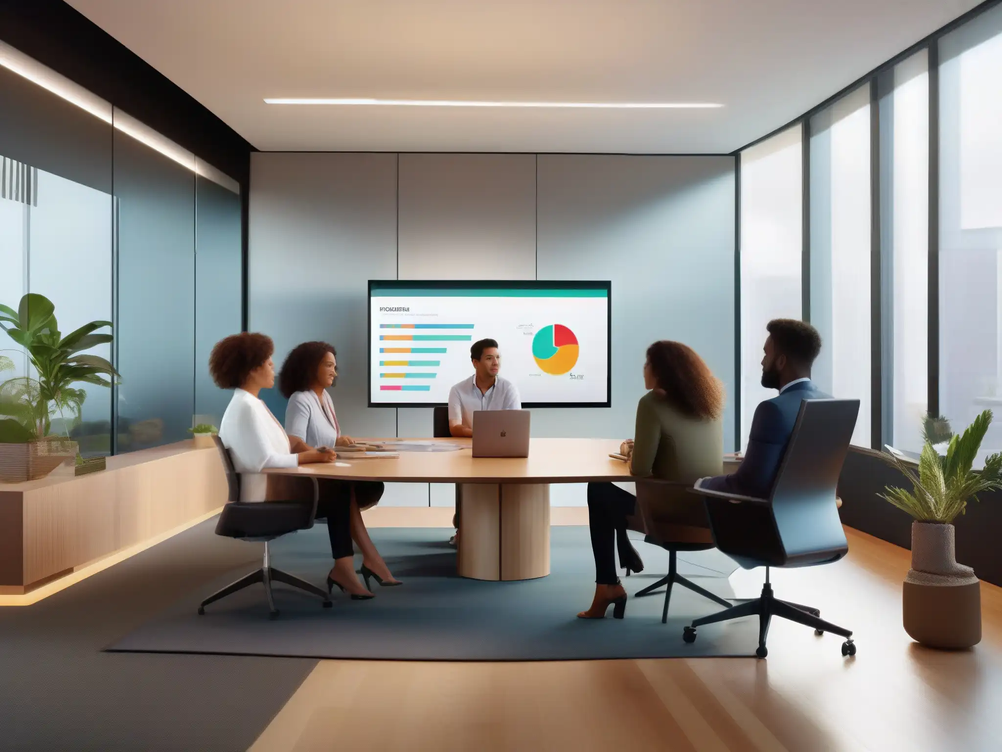 Videoconferencia colaborativa en oficina moderna Profesionales colaborando en videollamadas con Slack en una oficina moderna, enfocados en comparativa herramientas videollamadas profesionales