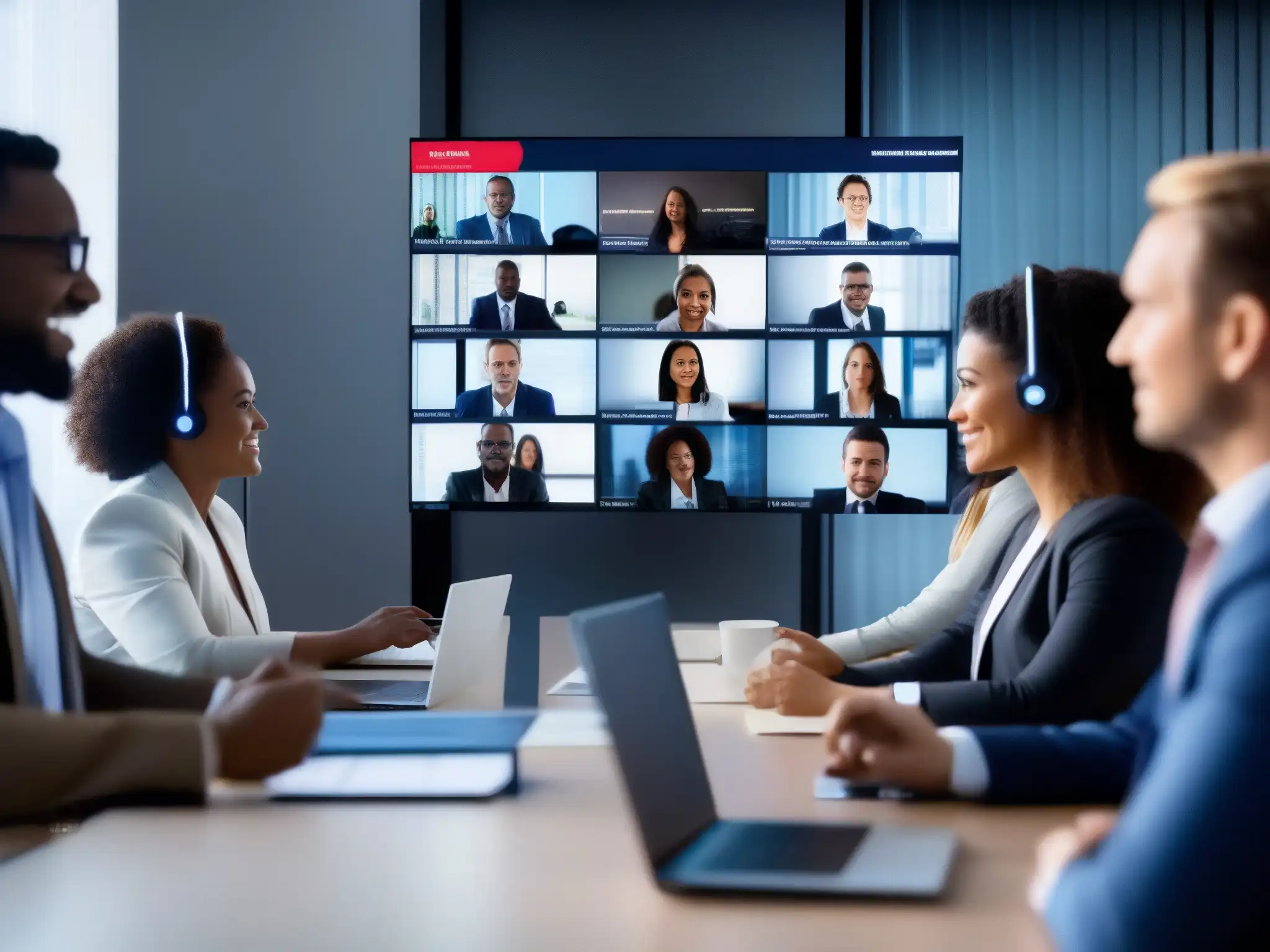Profesionales en reunión virtual: Auditorías de seguridad y mejora continua Profesionales colaborando en una VideoMeeting con gráficos de auditorías de seguridad