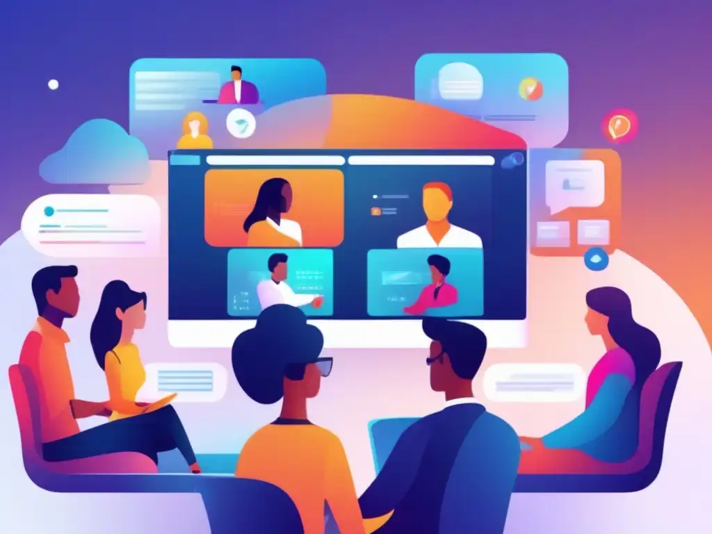 Webinar Futurista: Participación Profesional y Colaboración Dinámica Profesionales participando en un webinar moderno y dinámico, interactuando y compartiendo ideas