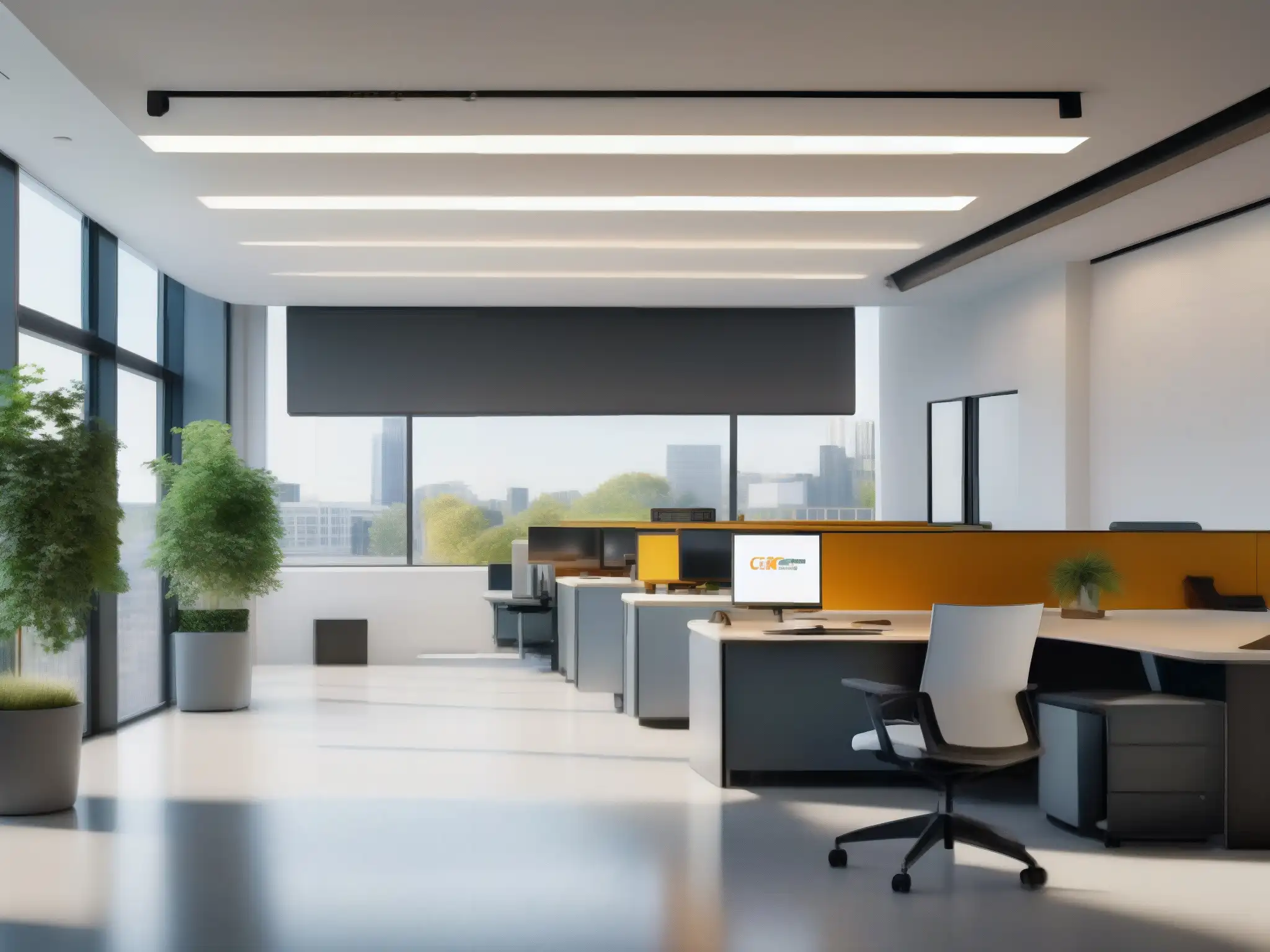Oficina moderna con tecnología Matterport y Zoom integrada Profesionales usan Matterport y Zoom en moderna oficina para visitas virtuales