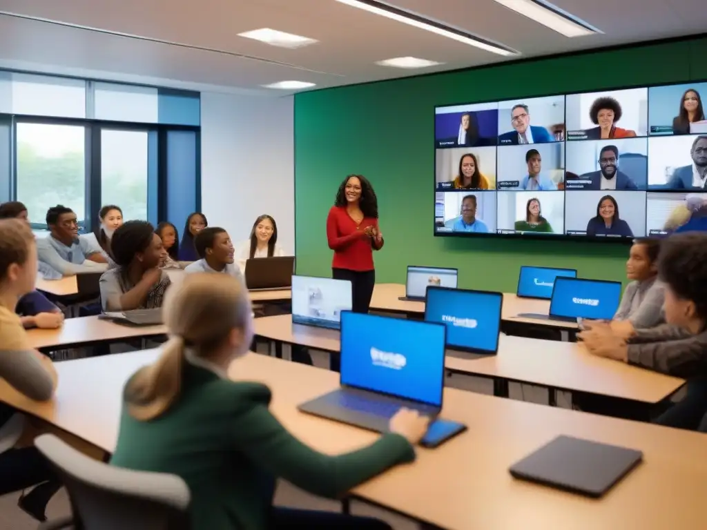 Clase dinámica: videoconferencia educativa interactiva Profesor y alumnos participan animadamente en videoconferencia, mostrando consejos para mantener atención
