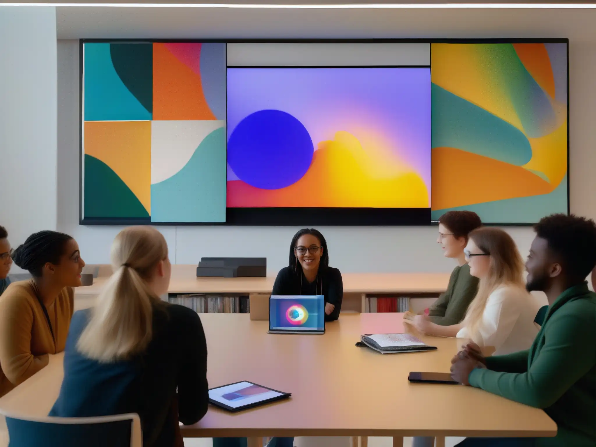 Clase de arte virtual: inspiración y creatividad en acción Un profesor de arte contemporáneo enseña metodologías de arte a través de videoconferencias, mientras sus alumnos están atentos y participativos