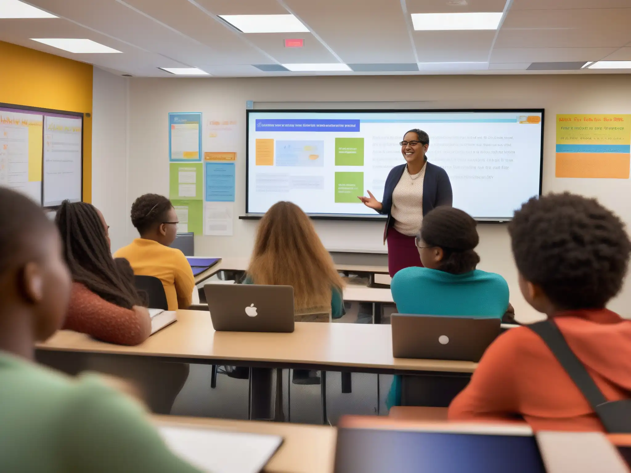 Discusión activa en aula diversa: participación y colaboración Profesor facilitando discusión en aula diversa y colaborativa, usando las mejores herramientas para clases virtuales