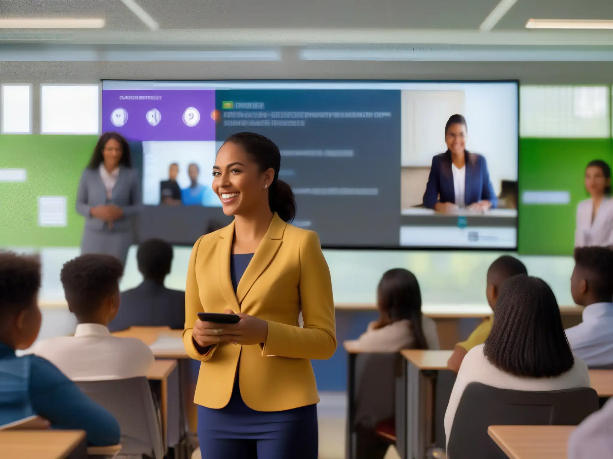 Clase virtual global: tecnología educativa avanzada Profesor en aula virtual con estudiantes de todo el mundo en videoconferencia automatizada