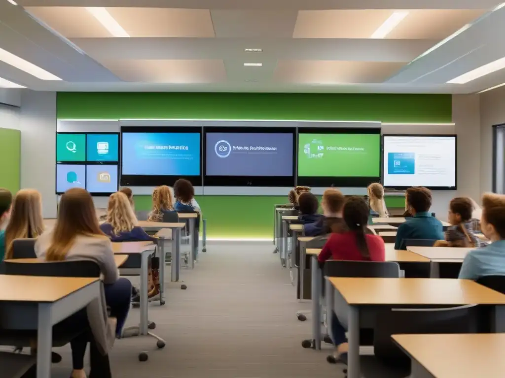 Aula del futuro: enseñanza dinámica con tecnología Webex Profesor dando una clase dinámica con la aplicación de Webex en educación, estudiantes usando dispositivos electrónicos en aula moderna y futurista