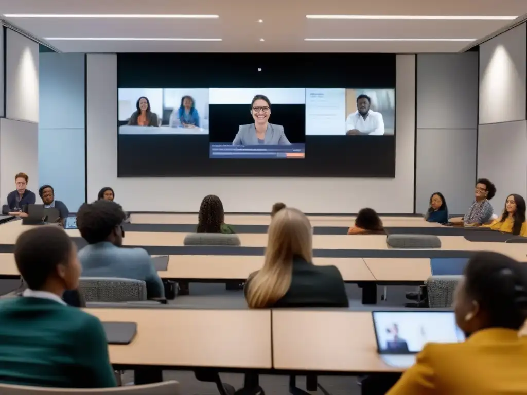 Clase híbrida: estudiantes in situ y virtuales participan activamente Profesor liderando una clase híbrida en universidad con plataformas de videoconferencia implementadas
